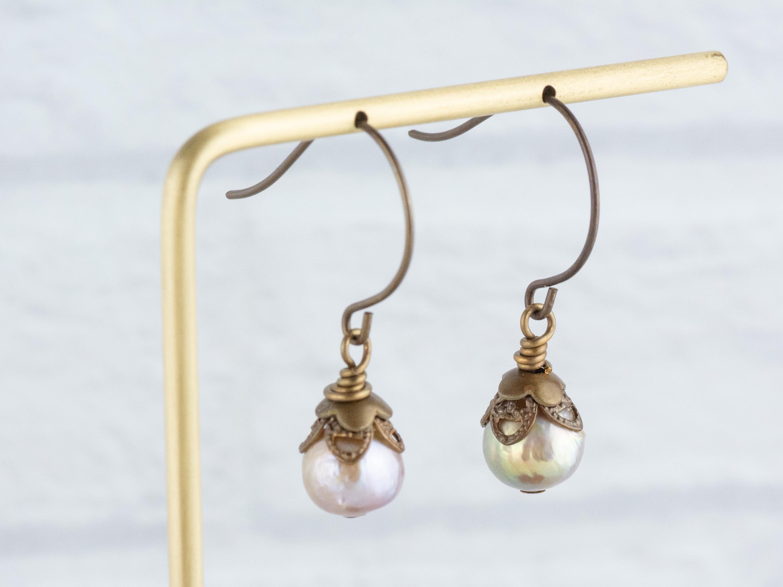 Opal Shimmer Freshwater Pearl Brass Petal Earrings • Earthy Boho Jewelry • Handmade Dangly Earrings • Jewelry Gift • Nickel-free • Lead-free