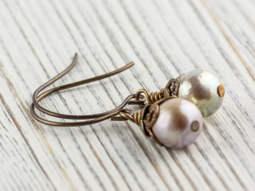 Opal Shimmer Freshwater Pearl Brass Petal Earrings • Earthy Boho Jewelry • Handmade Dangly Earrings • Jewelry Gift • Nickel-free • Lead-free