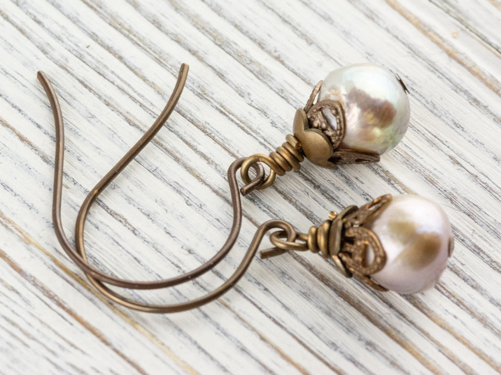 Opal Shimmer Freshwater Pearl Brass Petal Earrings • Earthy Boho Jewelry • Handmade Dangly Earrings • Jewelry Gift • Nickel-free • Lead-free