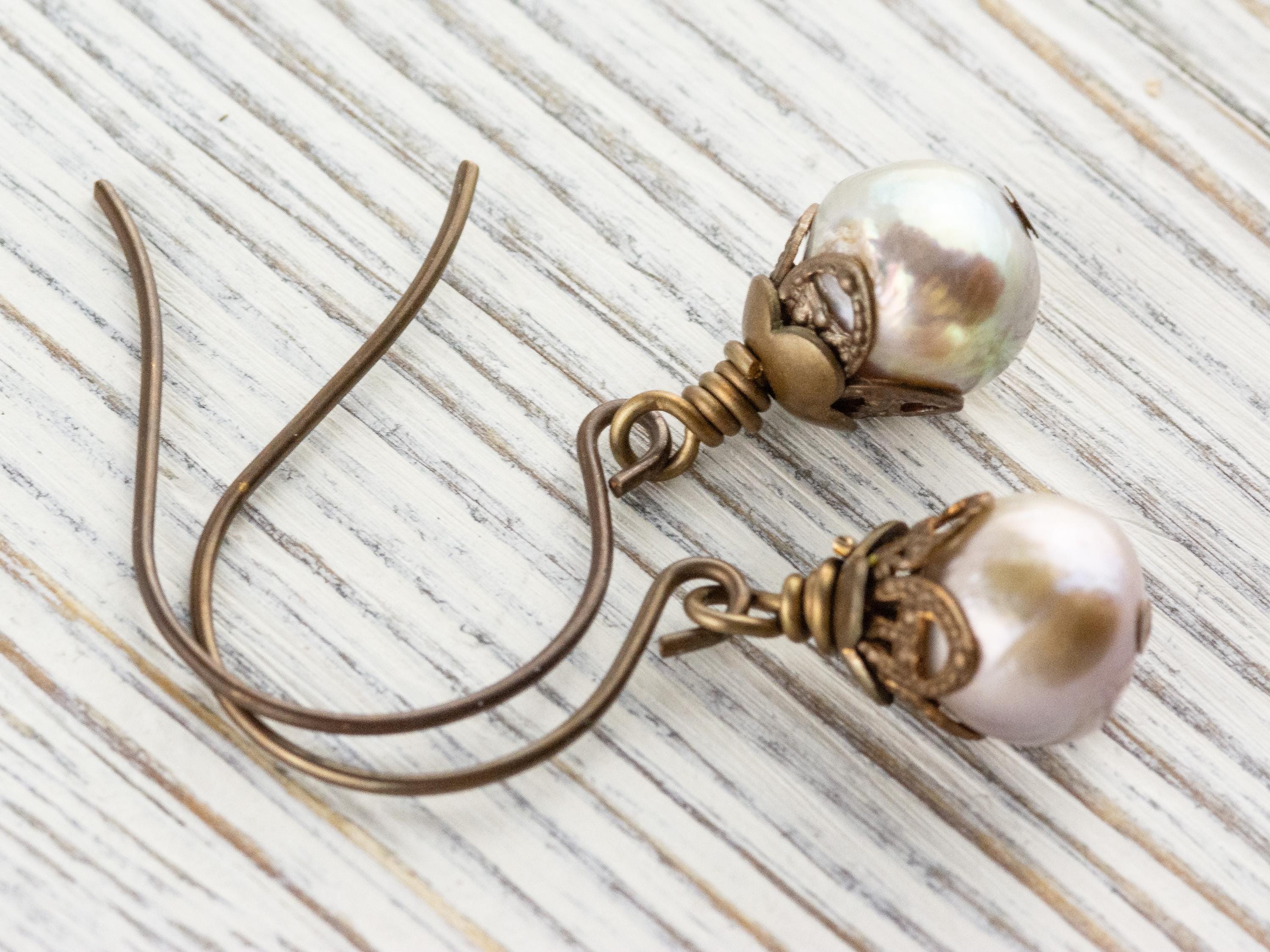 Opal Shimmer Freshwater Pearl Brass Petal Earrings • Earthy Boho Jewelry • Handmade Dangly Earrings • Jewelry Gift • Nickel-free • Lead-free