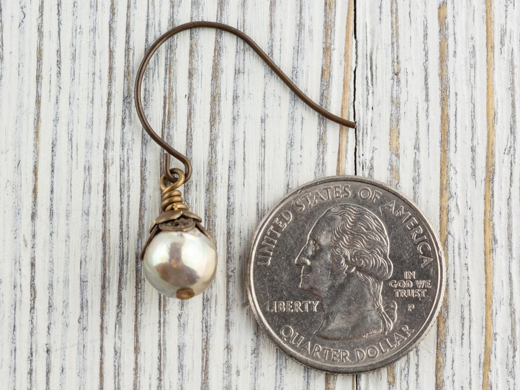 Opal Shimmer Freshwater Pearl Brass Petal Earrings • Earthy Boho Jewelry • Handmade Dangly Earrings • Jewelry Gift • Nickel-free • Lead-free