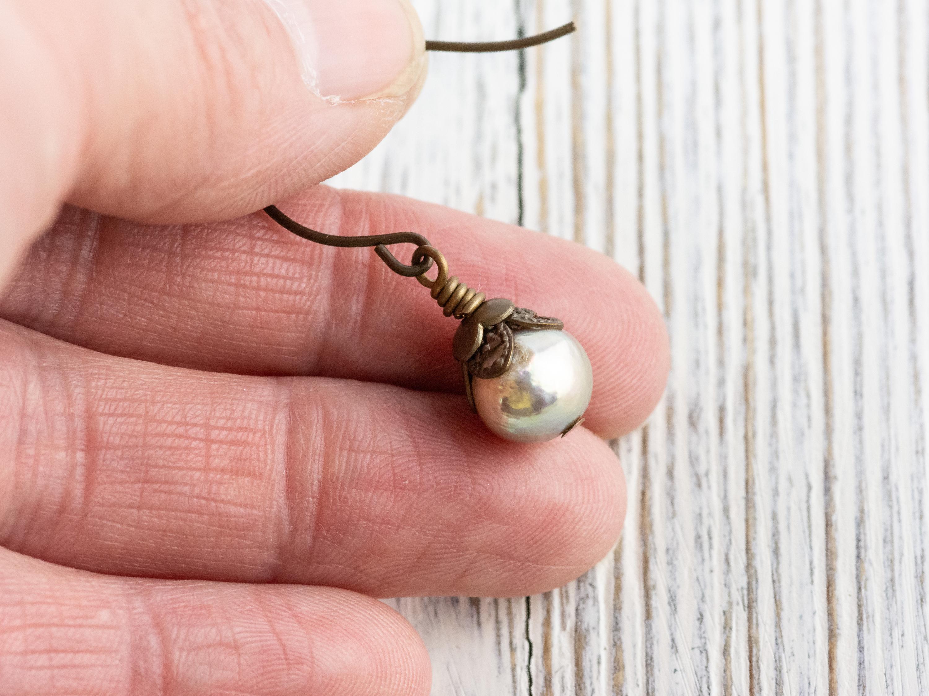 Opal Shimmer Freshwater Pearl Brass Petal Earrings • Earthy Boho Jewelry • Handmade Dangly Earrings • Jewelry Gift • Nickel-free • Lead-free