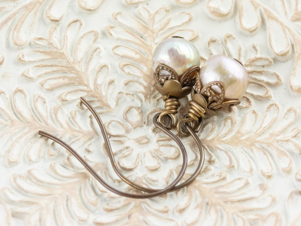 Opal Shimmer Freshwater Pearl Brass Petal Earrings • Earthy Boho Jewelry • Handmade Dangly Earrings • Jewelry Gift • Nickel-free • Lead-free