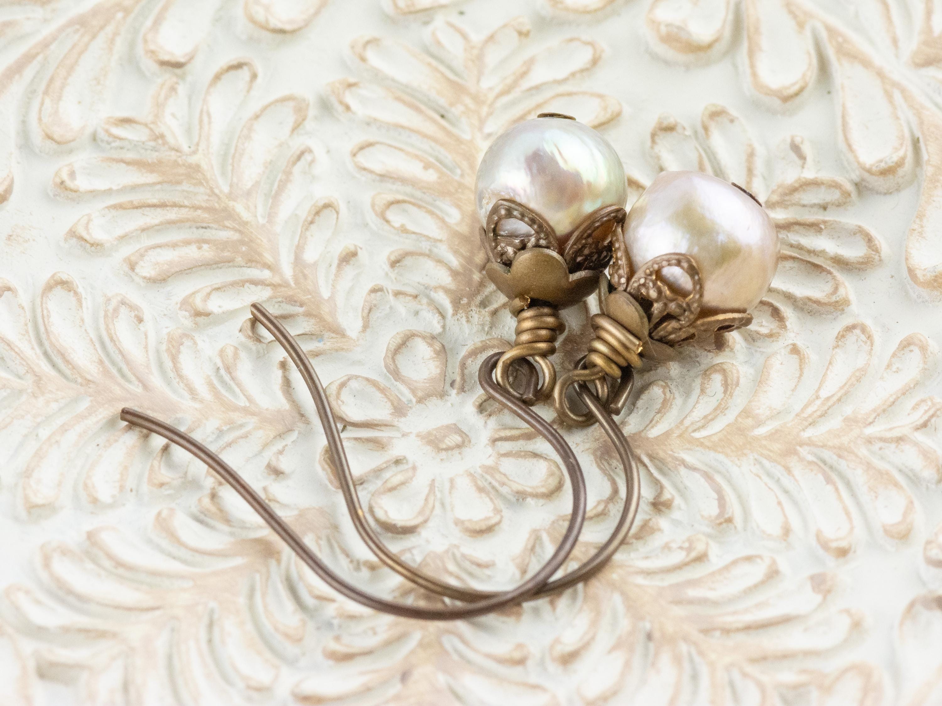 Opal Shimmer Freshwater Pearl Brass Petal Earrings • Earthy Boho Jewelry • Handmade Dangly Earrings • Jewelry Gift • Nickel-free • Lead-free