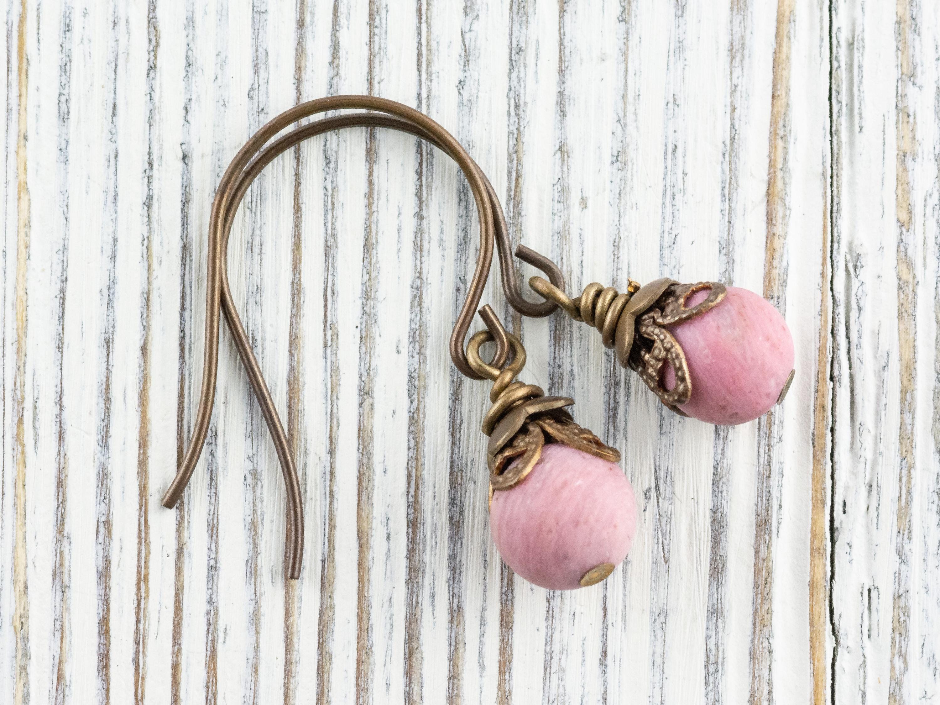 Matte Rhodonite Gemstone Brass Petal Earrings • Earthy Pink Boho Jewelry • Handmade Dangly Earrings • Jewelry Gift • Nickel-free • Lead-free