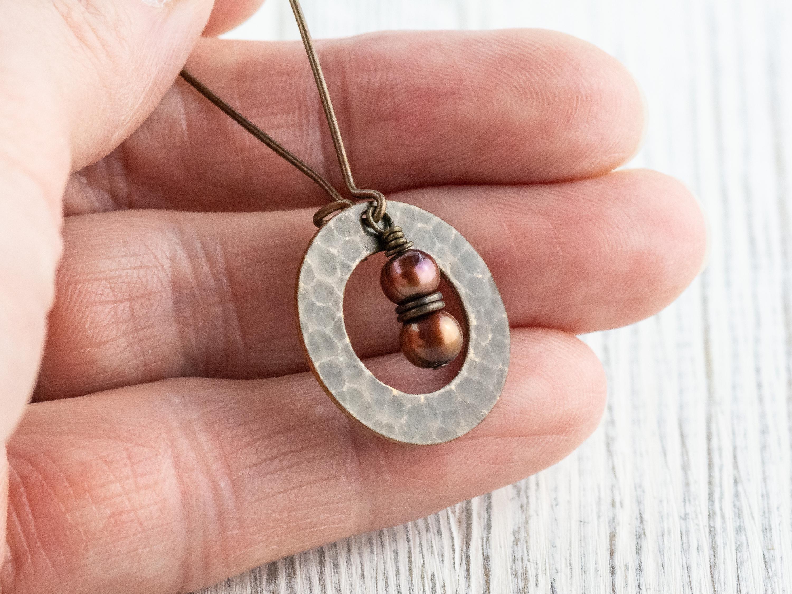 Copper Freshwater Pearl Brass Hammered Ring Earrings • Handmade Long Boho Dangly Earrings • Jewelry Gift Ideas • Nickel-free • Lead-free