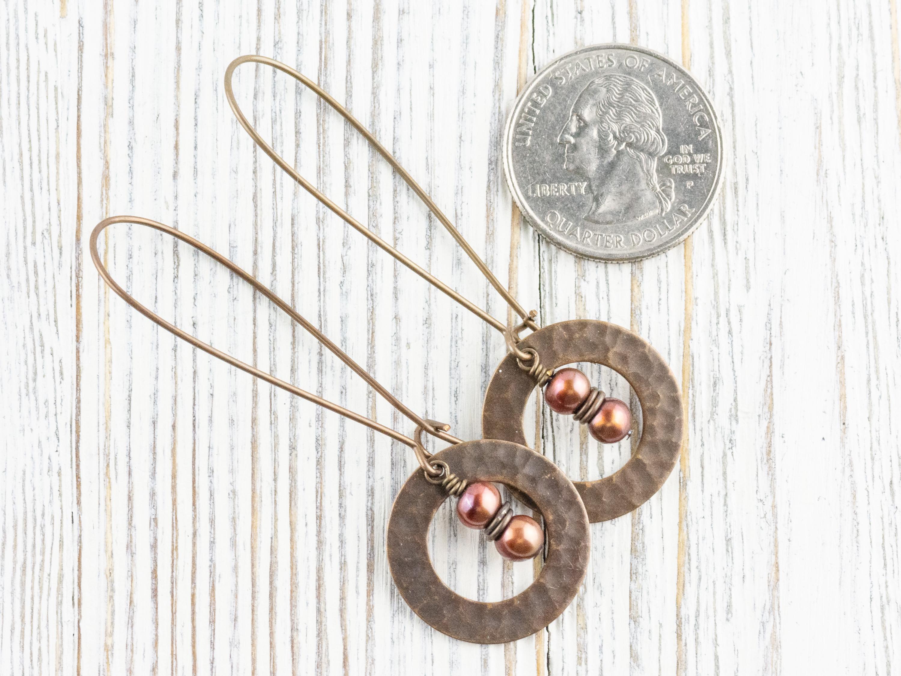 Copper Freshwater Pearl Brass Hammered Ring Earrings • Handmade Long Boho Dangly Earrings • Jewelry Gift Ideas • Nickel-free • Lead-free