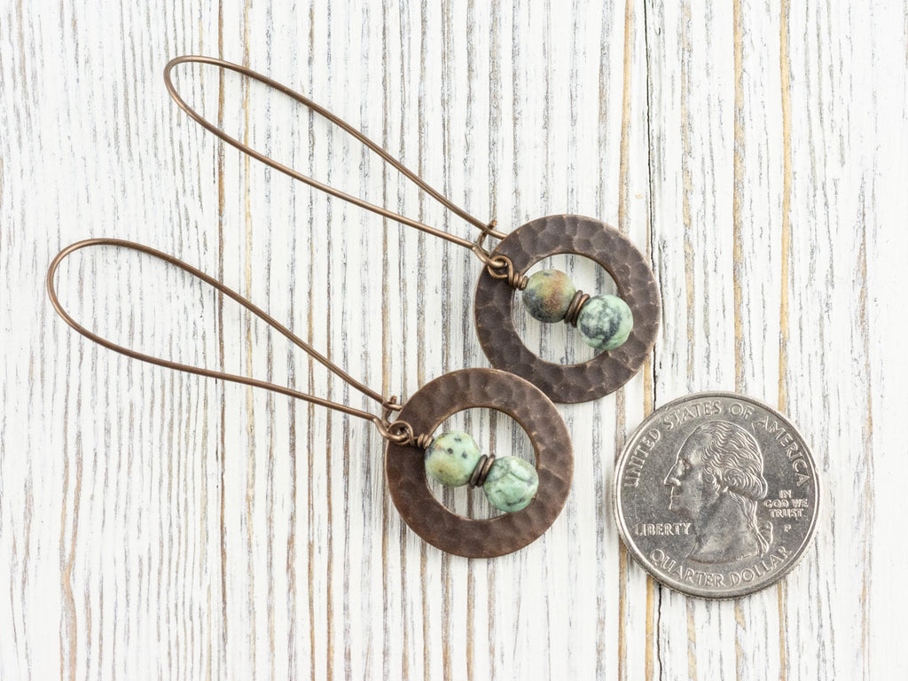 African Turquoise Jasper Brass Hammered Ring Earrings • Handmade Long Boho Dangly Earrings • Jewelry Gift Ideas • Nickel-free • Lead-free