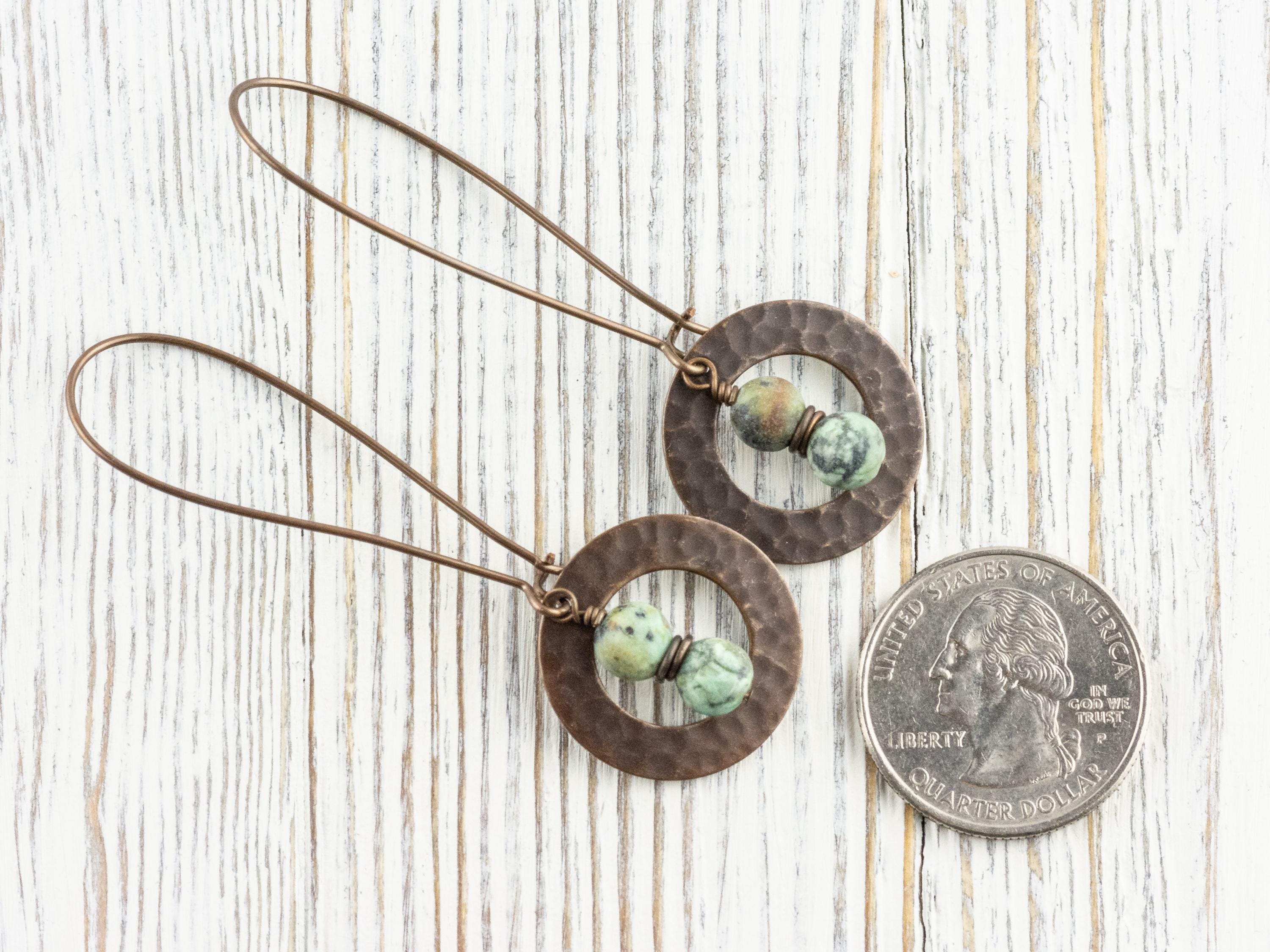 African Turquoise Jasper Brass Hammered Ring Earrings • Handmade Long Boho Dangly Earrings • Jewelry Gift Ideas • Nickel-free • Lead-free
