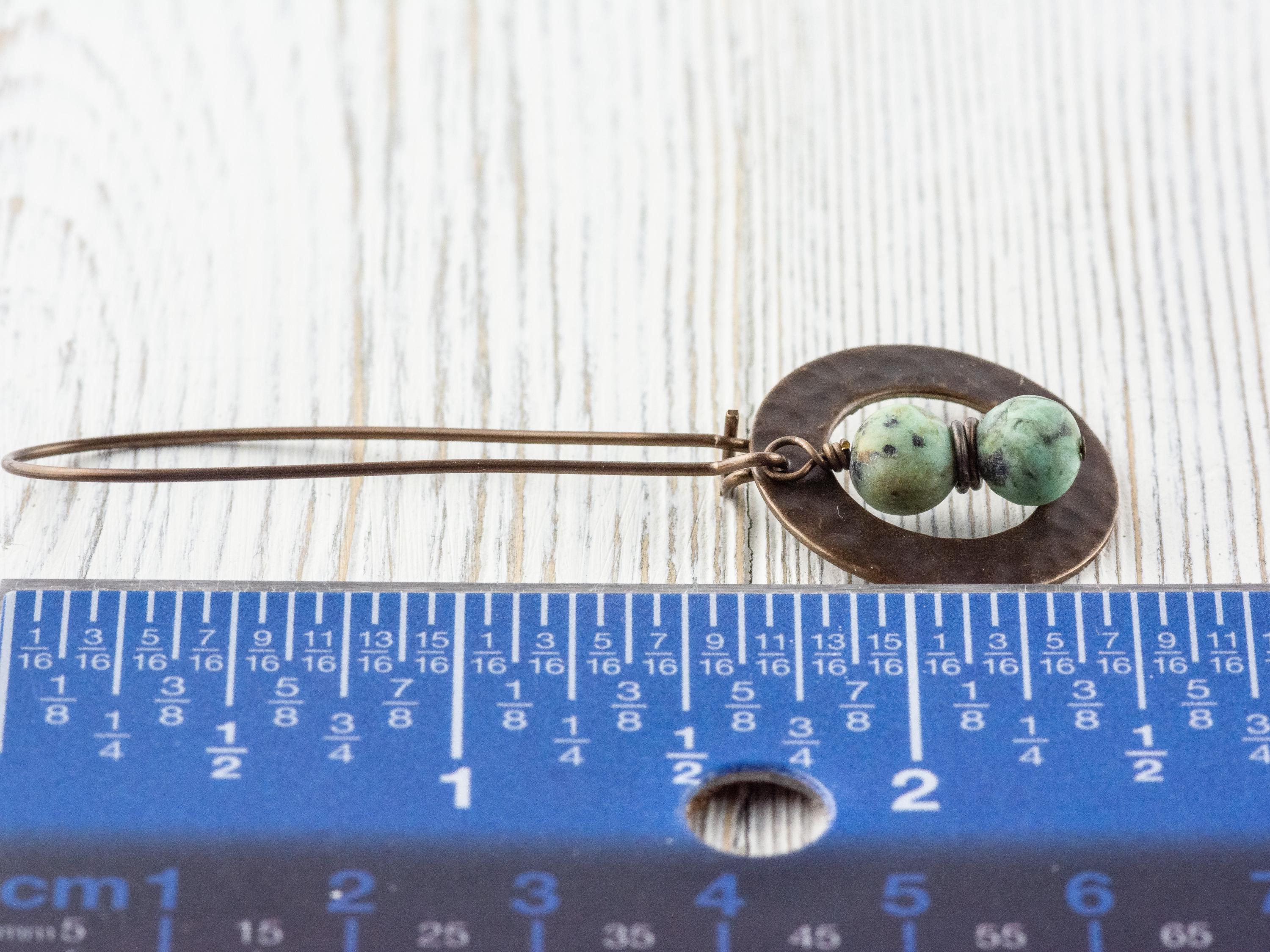 African Turquoise Jasper Brass Hammered Ring Earrings • Handmade Long Boho Dangly Earrings • Jewelry Gift Ideas • Nickel-free • Lead-free
