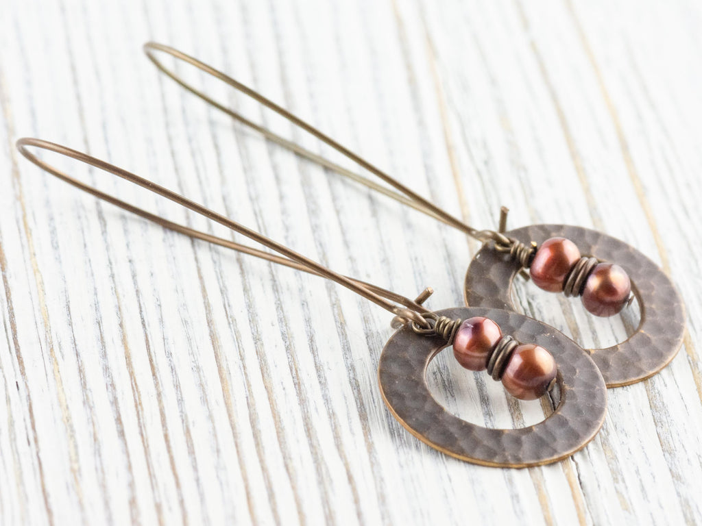 Copper Freshwater Pearl Brass Hammered Ring Earrings • Handmade Long Boho Dangly Earrings • Jewelry Gift Ideas • Nickel-free • Lead-free