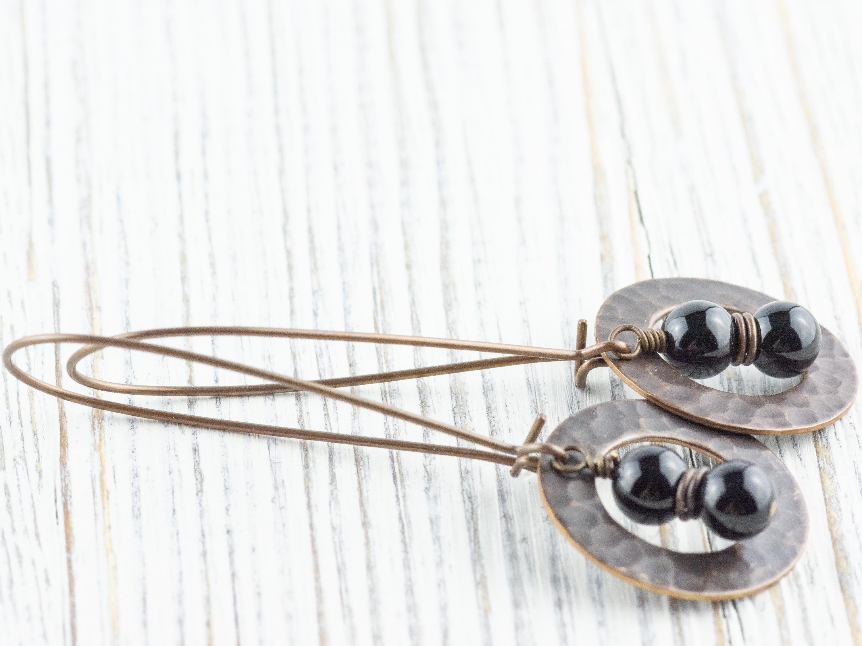 Black Onyx Gemstone Brass Hammered Ring Earrings • Handmade Long Boho Dangly Earrings • Jewelry Gift Ideas • Nickel-free • Lead-free