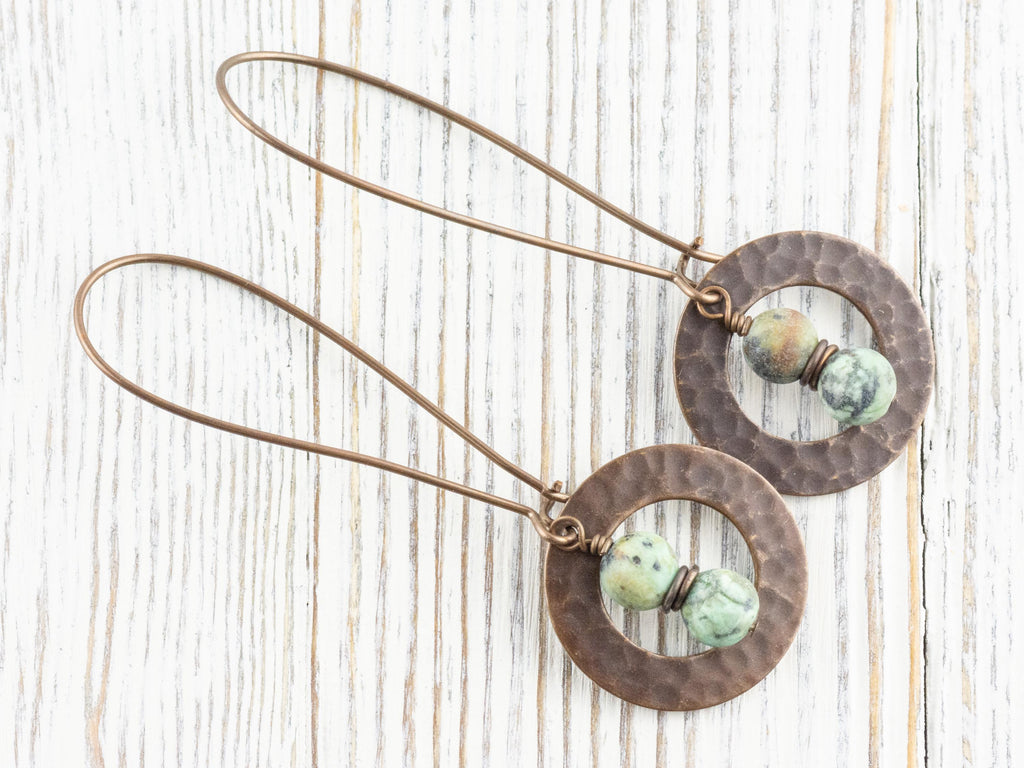 African Turquoise Jasper Brass Hammered Ring Earrings • Handmade Long Boho Dangly Earrings • Jewelry Gift Ideas • Nickel-free • Lead-free