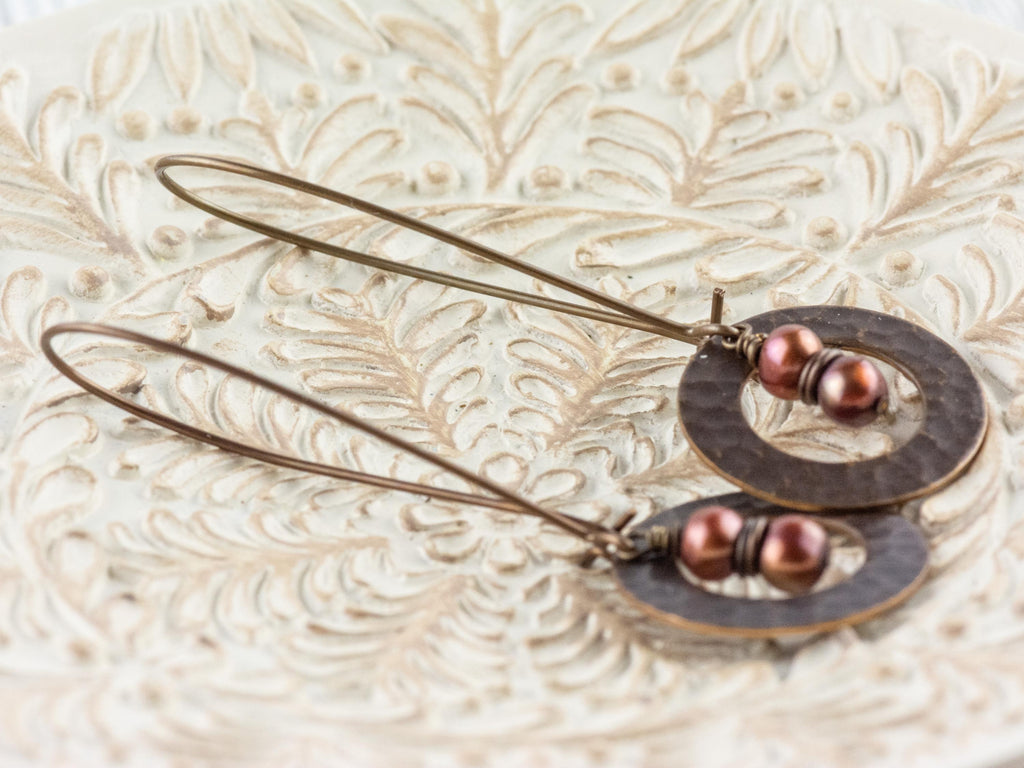 Copper Freshwater Pearl Brass Hammered Ring Earrings • Handmade Long Boho Dangly Earrings • Jewelry Gift Ideas • Nickel-free • Lead-free