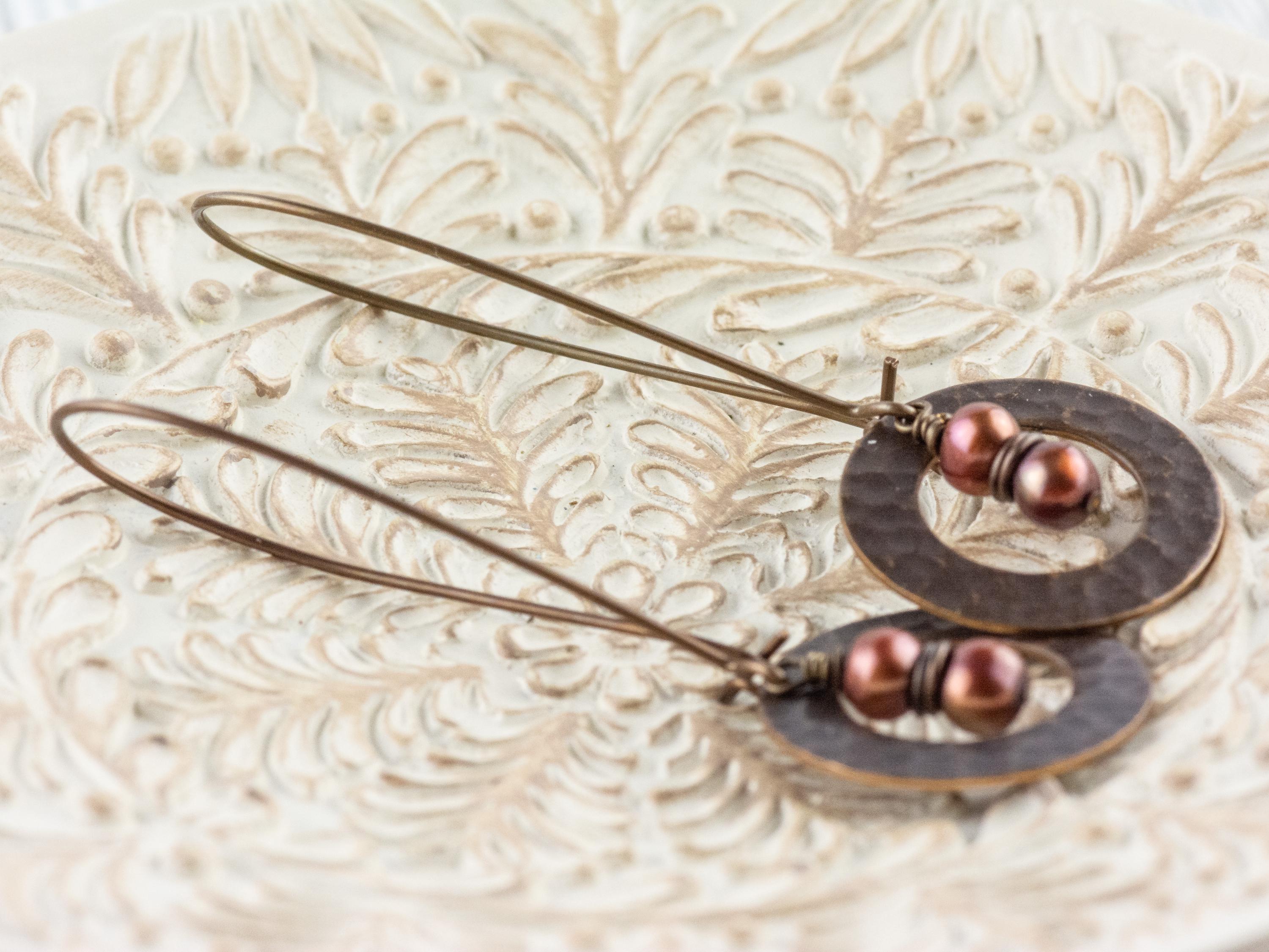 Copper Freshwater Pearl Brass Hammered Ring Earrings • Handmade Long Boho Dangly Earrings • Jewelry Gift Ideas • Nickel-free • Lead-free