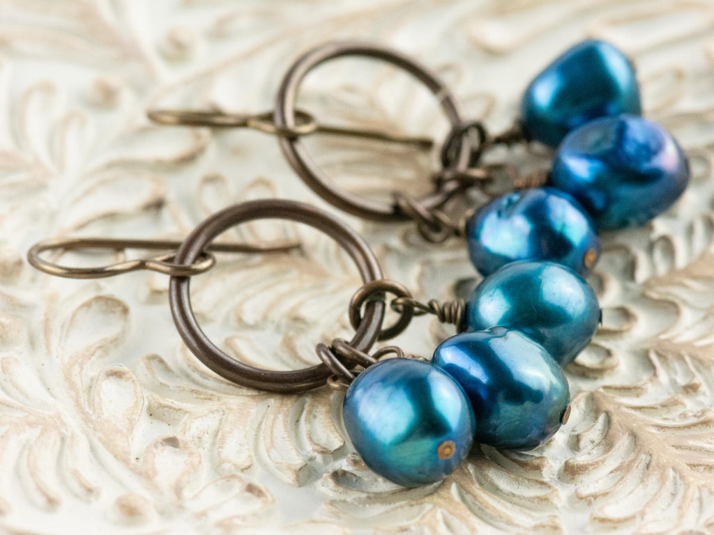 Something Blue Freshwater Pearl Brass Ring Earrings • Earthy Blue Boho Jewelry • Handmade Earrings • Jewelry Gift • Nickel-free • Lead-free