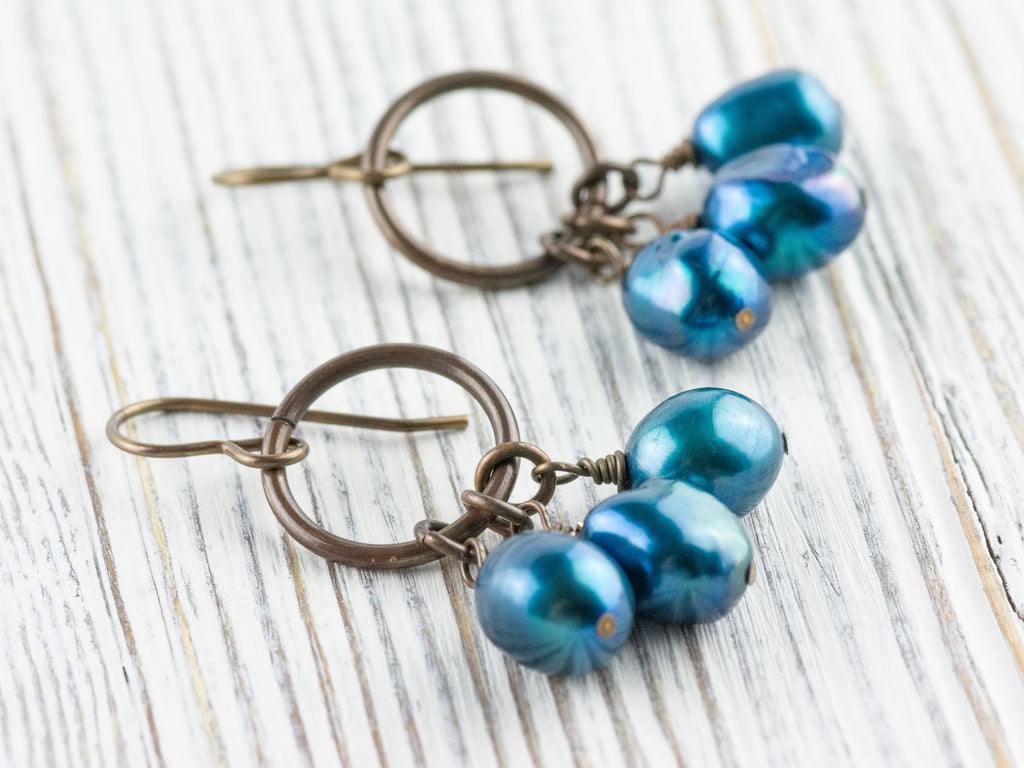 Something Blue Freshwater Pearl Brass Ring Earrings • Earthy Blue Boho Jewelry • Handmade Earrings • Jewelry Gift • Nickel-free • Lead-free