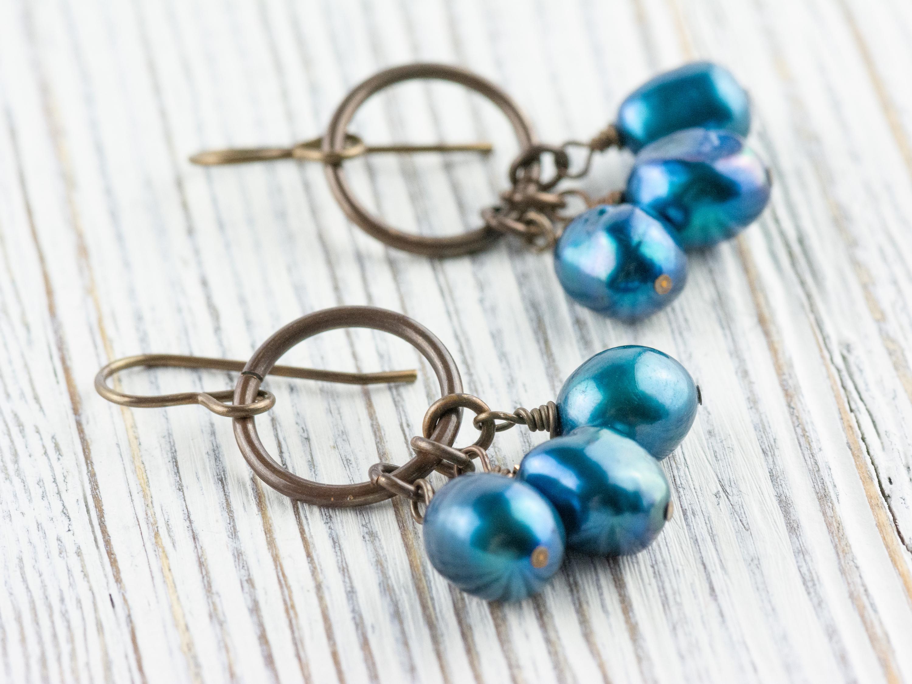 Something Blue Freshwater Pearl Brass Ring Earrings • Earthy Blue Boho Jewelry • Handmade Earrings • Jewelry Gift • Nickel-free • Lead-free
