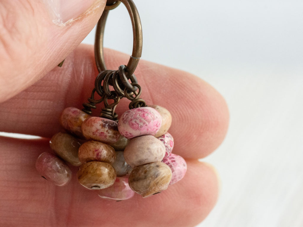 Pink Flower Stone Brass Ring Earrings • Earthy Blue Boho Jewelry • Handmade Earrings • Jewelry Gift • Nickel-free • Lead-free