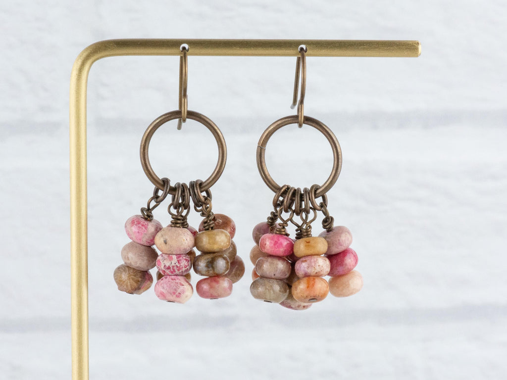 Pink Flower Stone Brass Ring Earrings • Earthy Blue Boho Jewelry • Handmade Earrings • Jewelry Gift • Nickel-free • Lead-free