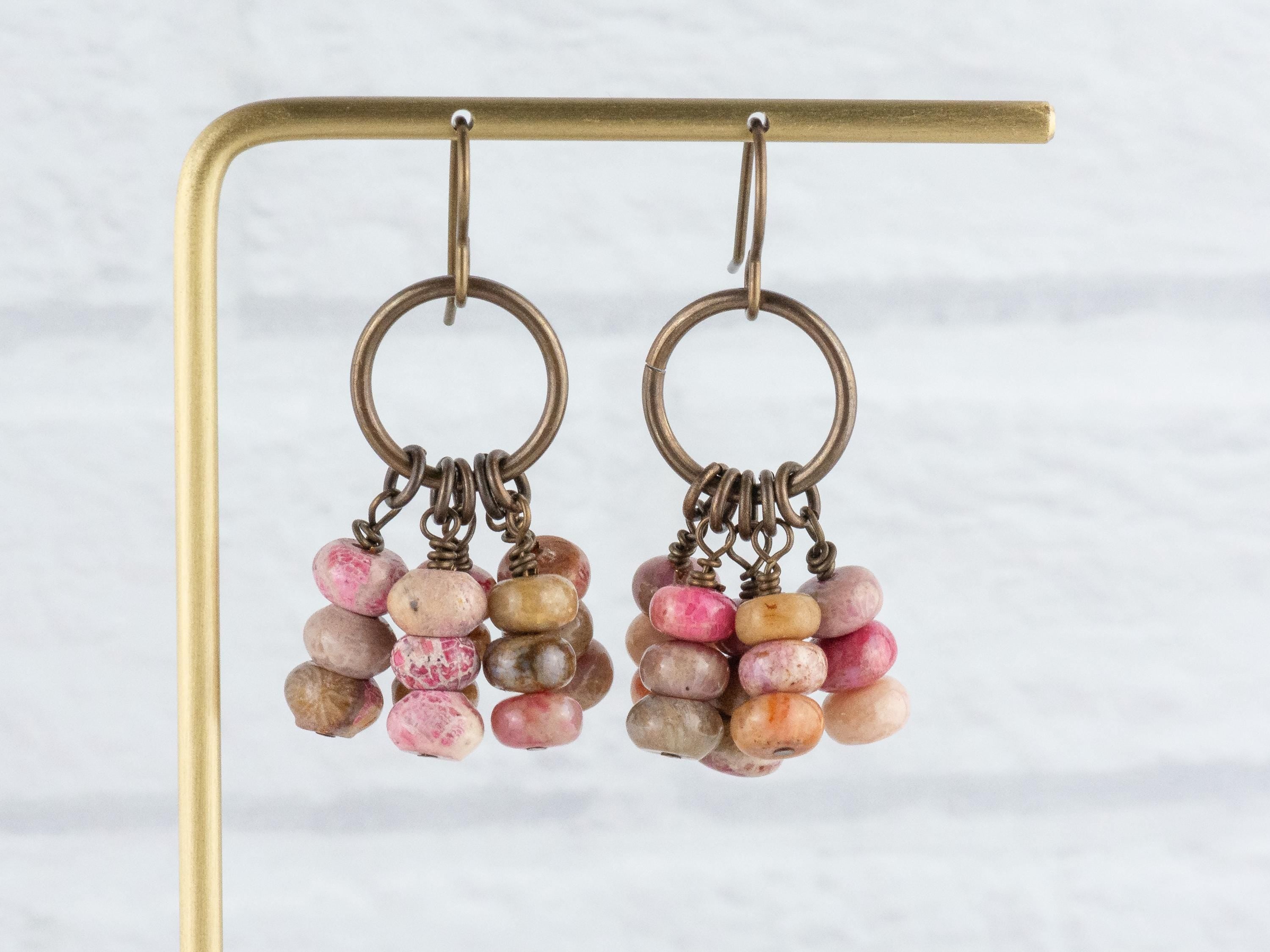 Pink Flower Stone Brass Ring Earrings • Earthy Blue Boho Jewelry • Handmade Earrings • Jewelry Gift • Nickel-free • Lead-free