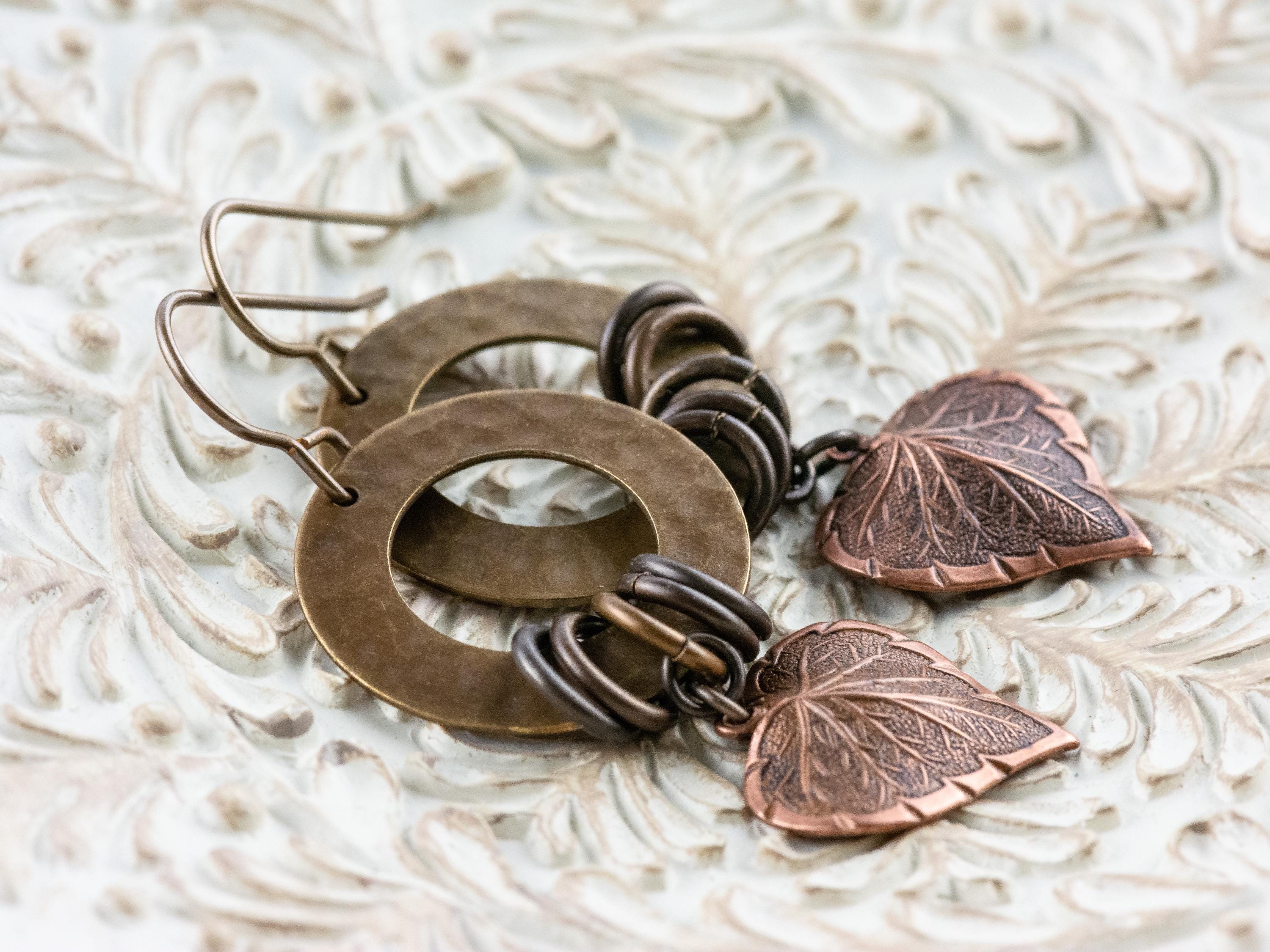 Copper Heart Brass Hoop Earrings • Earthy Boho Jewelry • Handmade Earrings • Autumn Leaf • Nickel-free • Lead-free