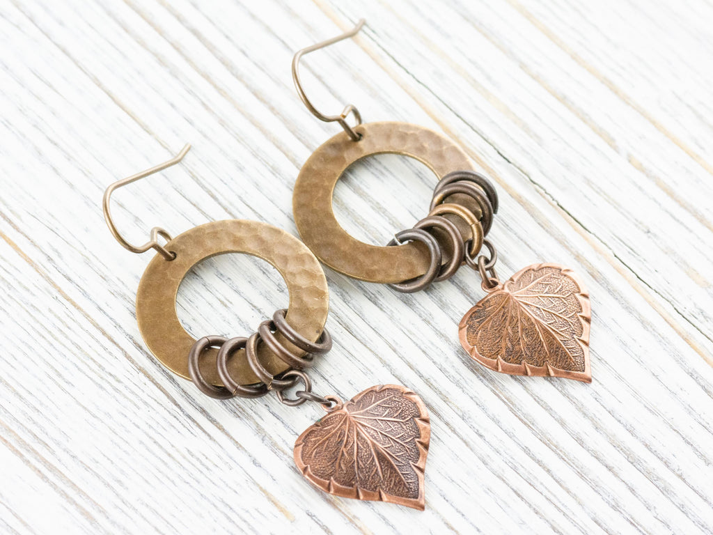 Copper Heart Brass Hoop Earrings • Earthy Boho Jewelry • Handmade Earrings • Autumn Leaf • Nickel-free • Lead-free