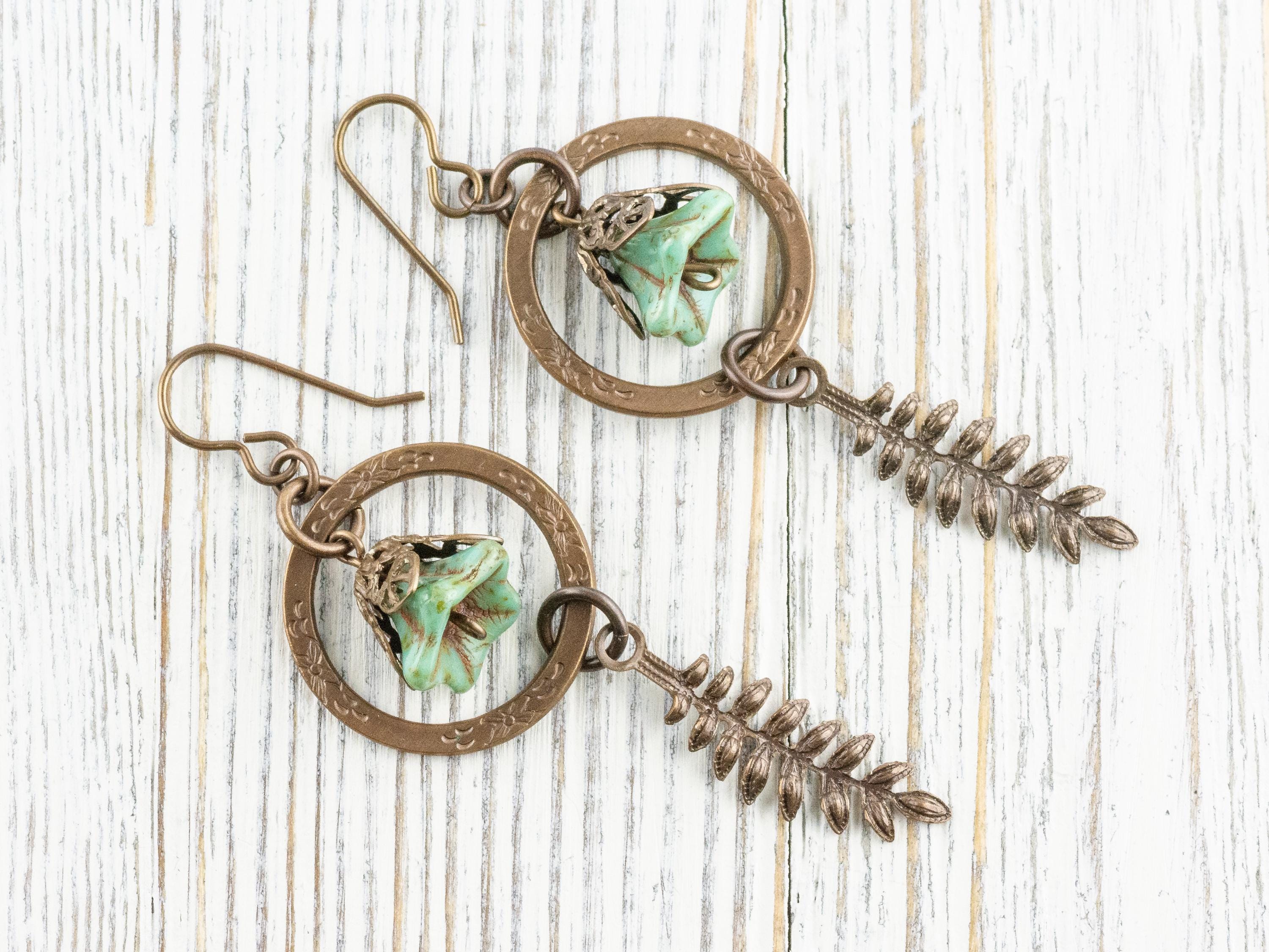 Floral Hoop Fern Drop Brass Earrings • Earthy Boho Jewelry • Nature-Inspired Handmade Earrings • Jewelry Gift • Nickel-free • Lead-free