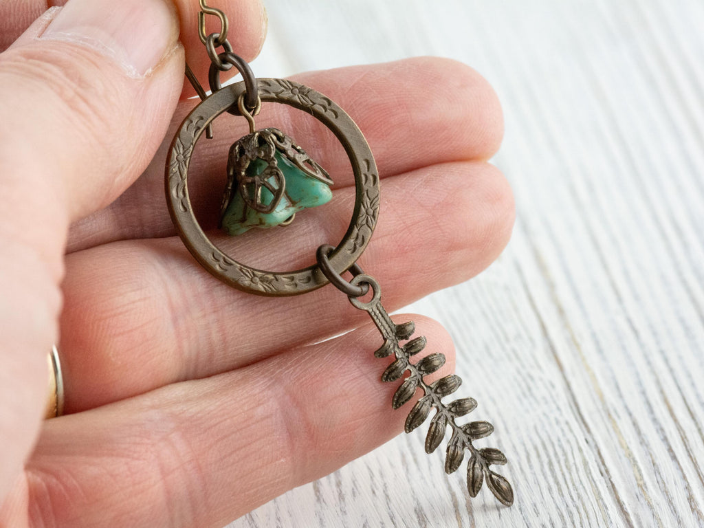 Floral Hoop Fern Drop Brass Earrings • Earthy Boho Jewelry • Nature-Inspired Handmade Earrings • Jewelry Gift • Nickel-free • Lead-free