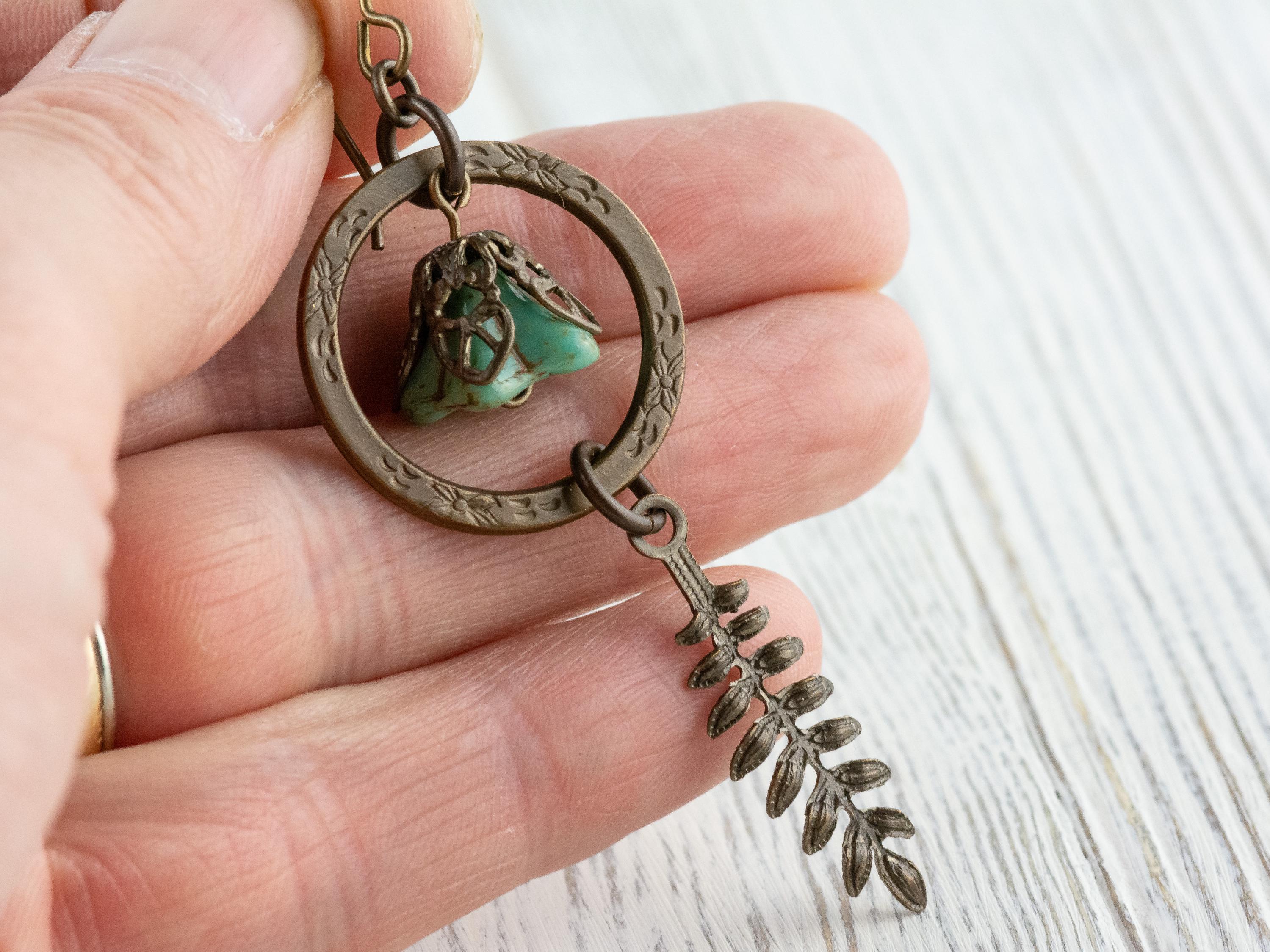 Floral Hoop Fern Drop Brass Earrings • Earthy Boho Jewelry • Nature-Inspired Handmade Earrings • Jewelry Gift • Nickel-free • Lead-free