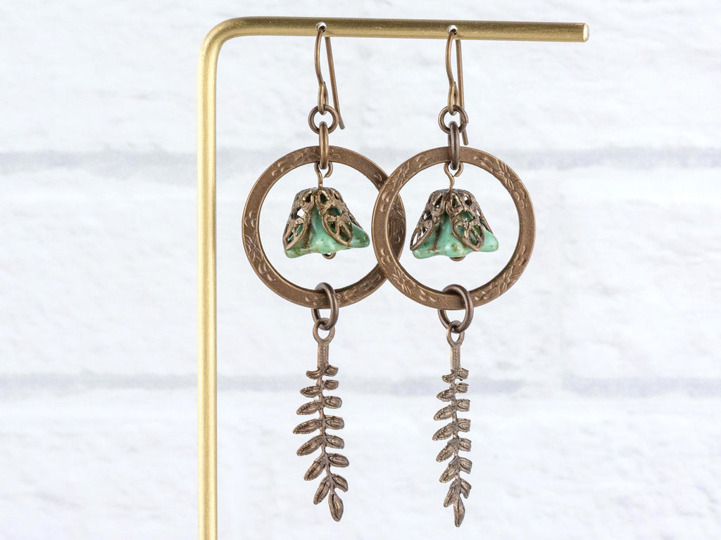 Floral Hoop Fern Drop Brass Earrings • Earthy Boho Jewelry • Nature-Inspired Handmade Earrings • Jewelry Gift • Nickel-free • Lead-free