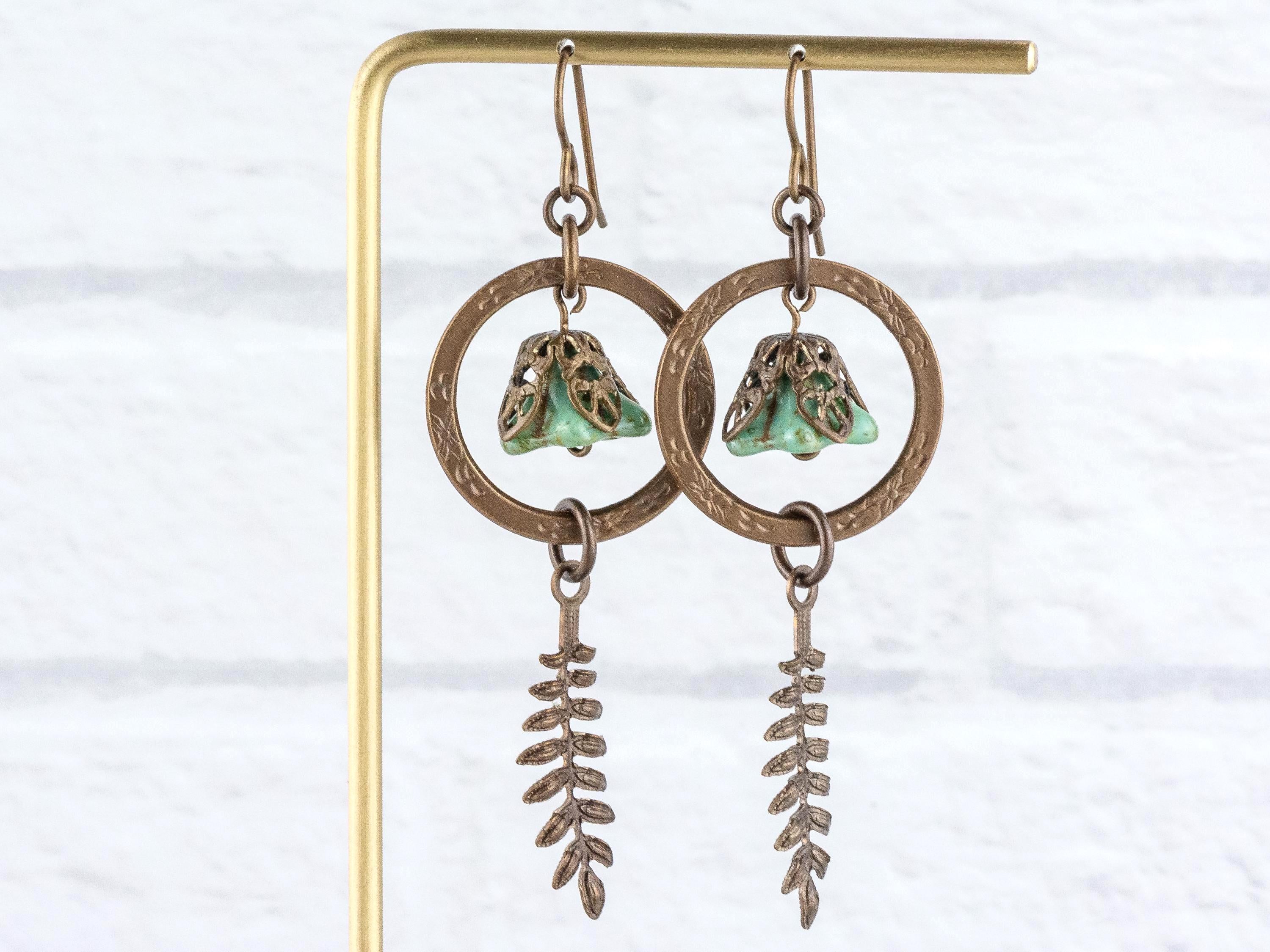 Floral Hoop Fern Drop Brass Earrings • Earthy Boho Jewelry • Nature-Inspired Handmade Earrings • Jewelry Gift • Nickel-free • Lead-free