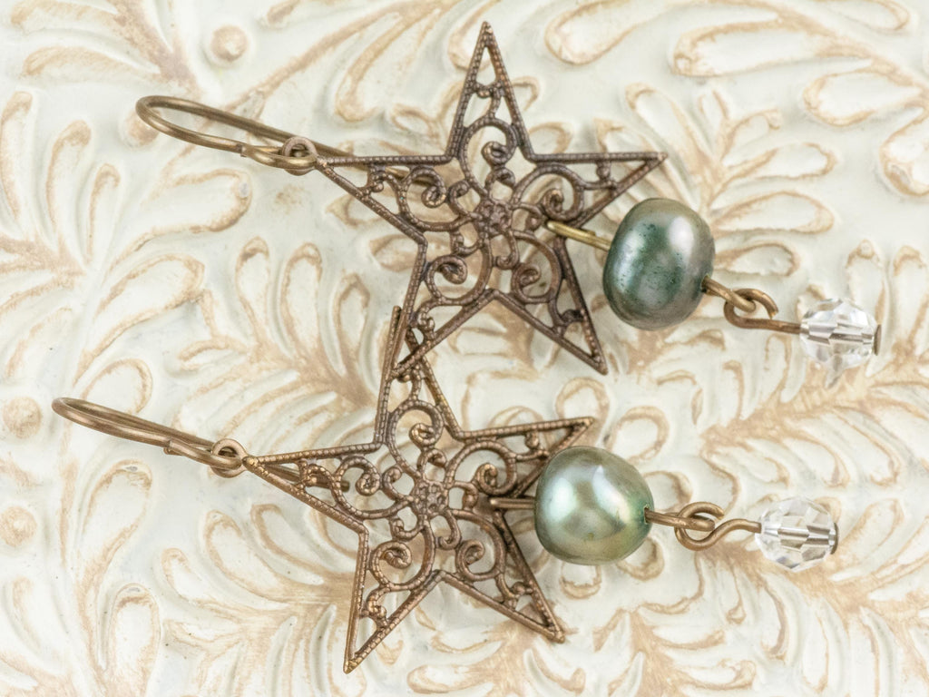 Wish Upon a Star Pearl & Brass Earrings • Earthy Boho Jewelry • Nature-Inspired Handmade Earrings • Jewelry Gift • Nickel-free • Lead-free