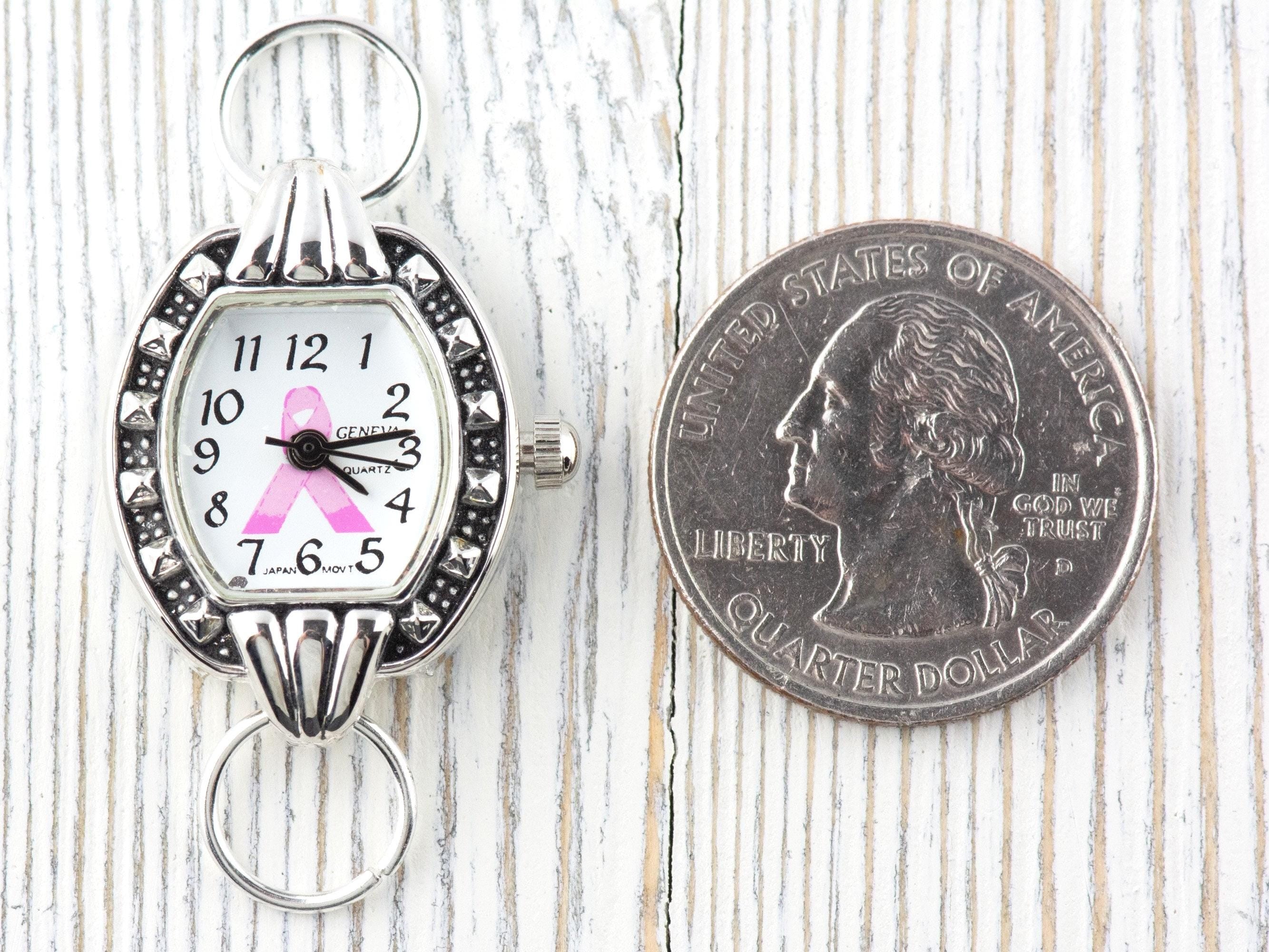 Pink Ribbon Silvertone Square Watch Face • White Dial • DIY Beading Watch • Jewelry Making • Analog • Loops and Battery Included