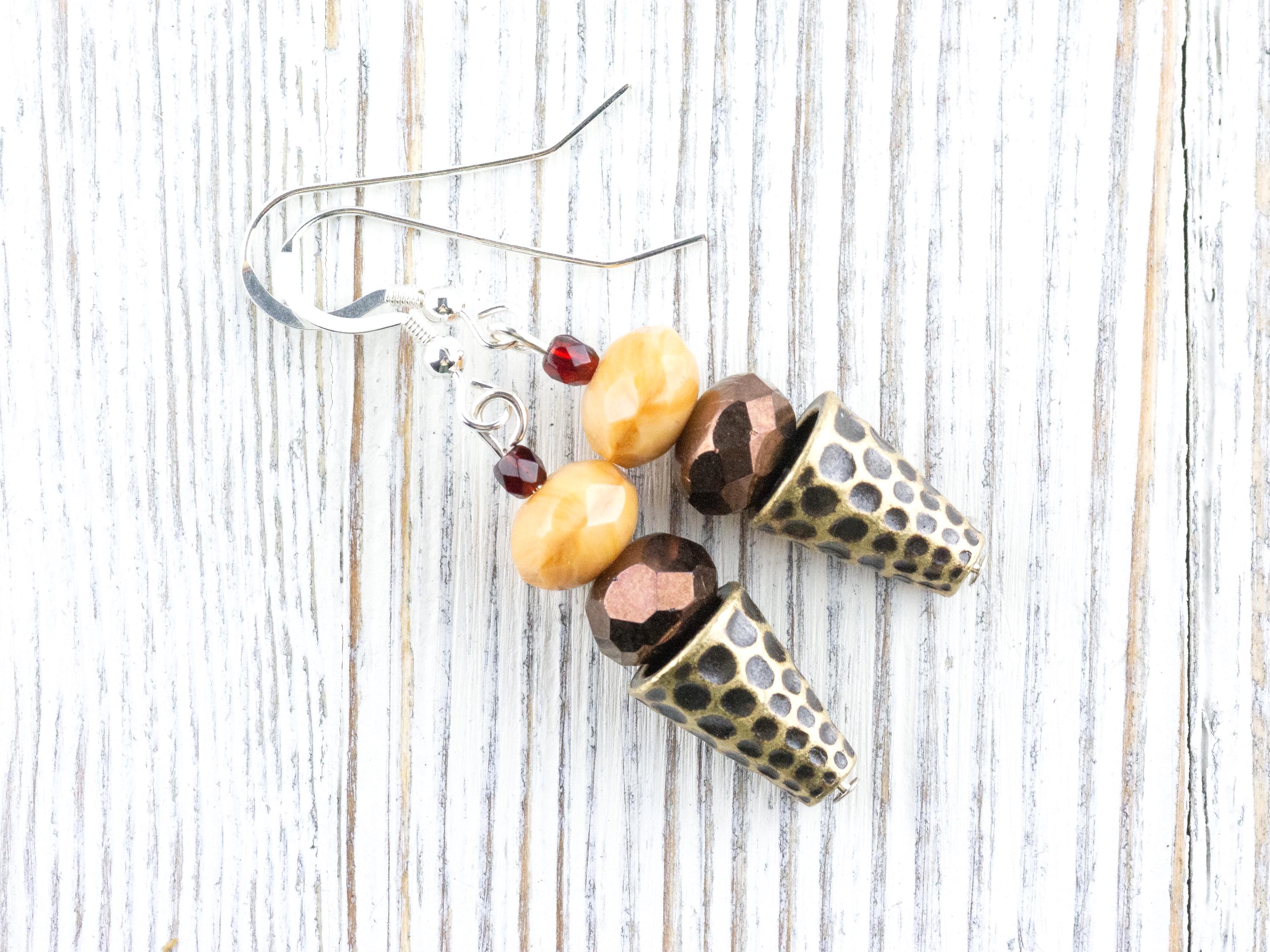 Ice Cream Cone Dangly Earrings • Bronze Summer Jewelry • Handmade Beaded Earrings • .925 Sterling Silver Hypoallergenic Earwires