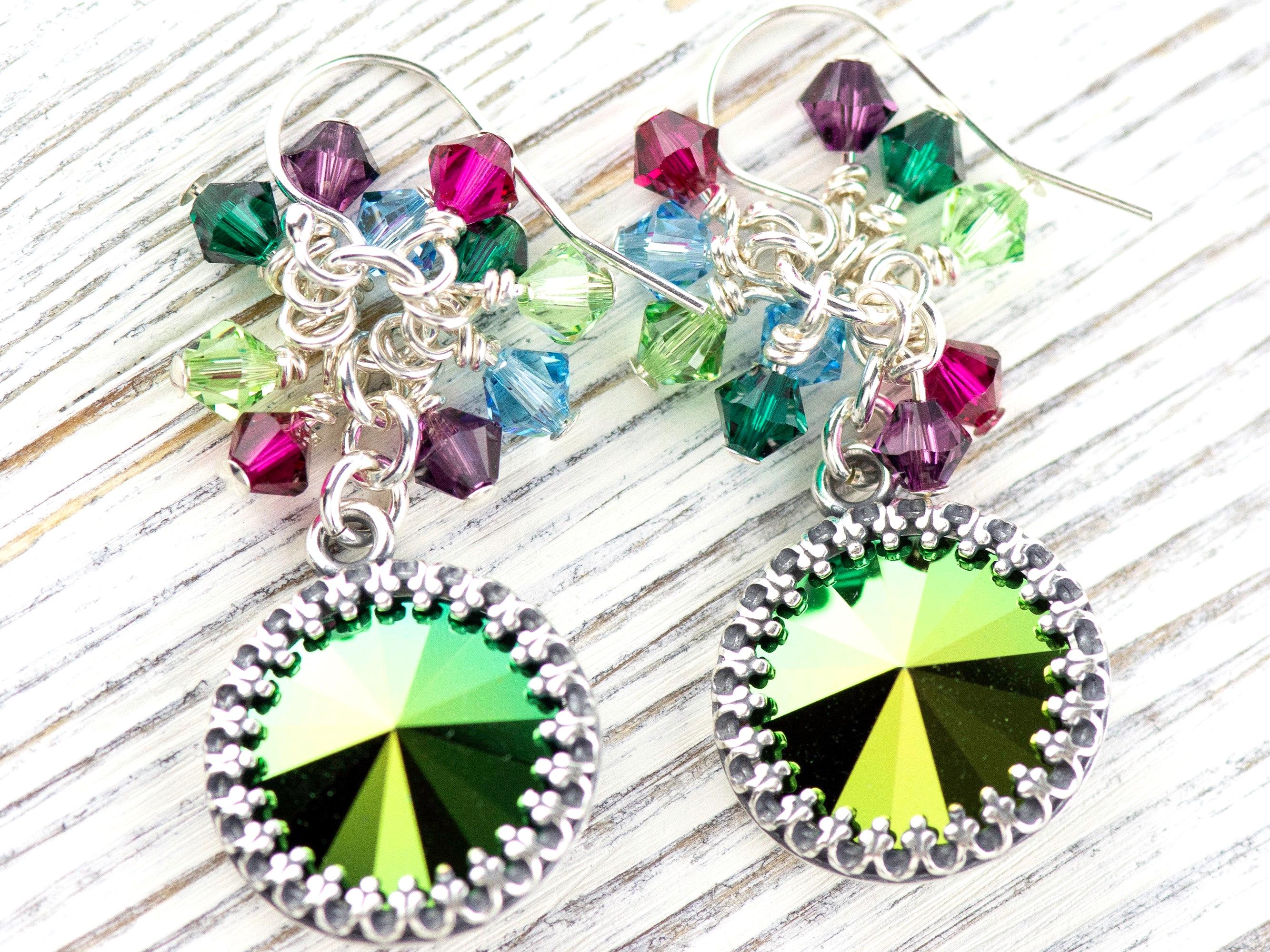 Merry and Bright Christmas Earrings, Handmade Sterling Silver Earrings, Swarovski Crystal, Colorful