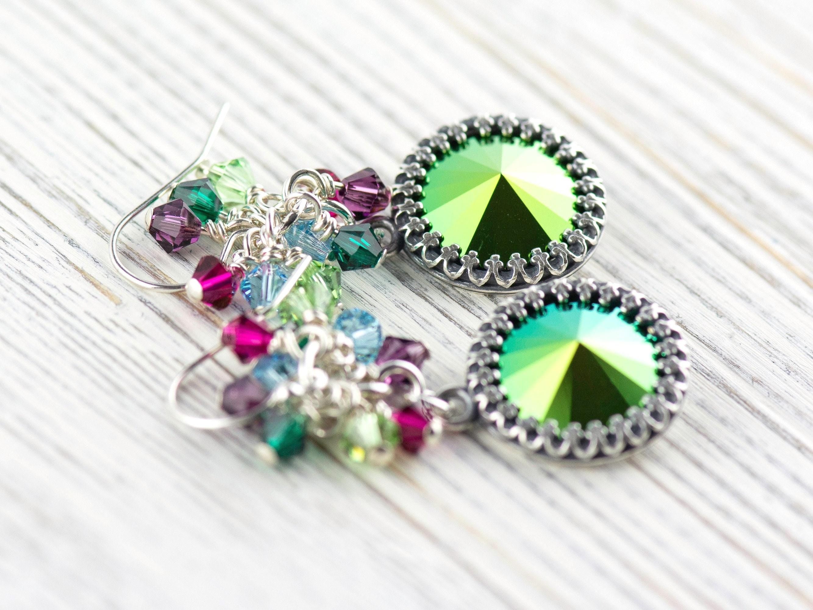 Merry and Bright Christmas Earrings, Handmade Sterling Silver Earrings, Swarovski Crystal, Colorful