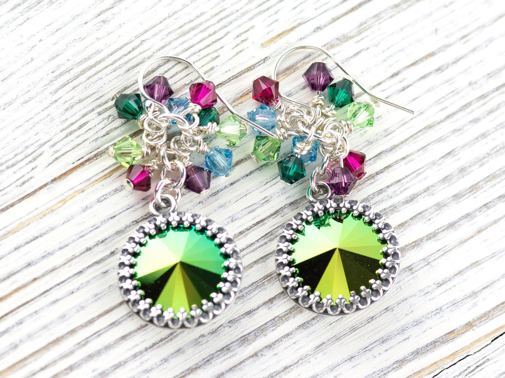 Merry and Bright Christmas Earrings, Handmade Sterling Silver Earrings, Swarovski Crystal, Colorful