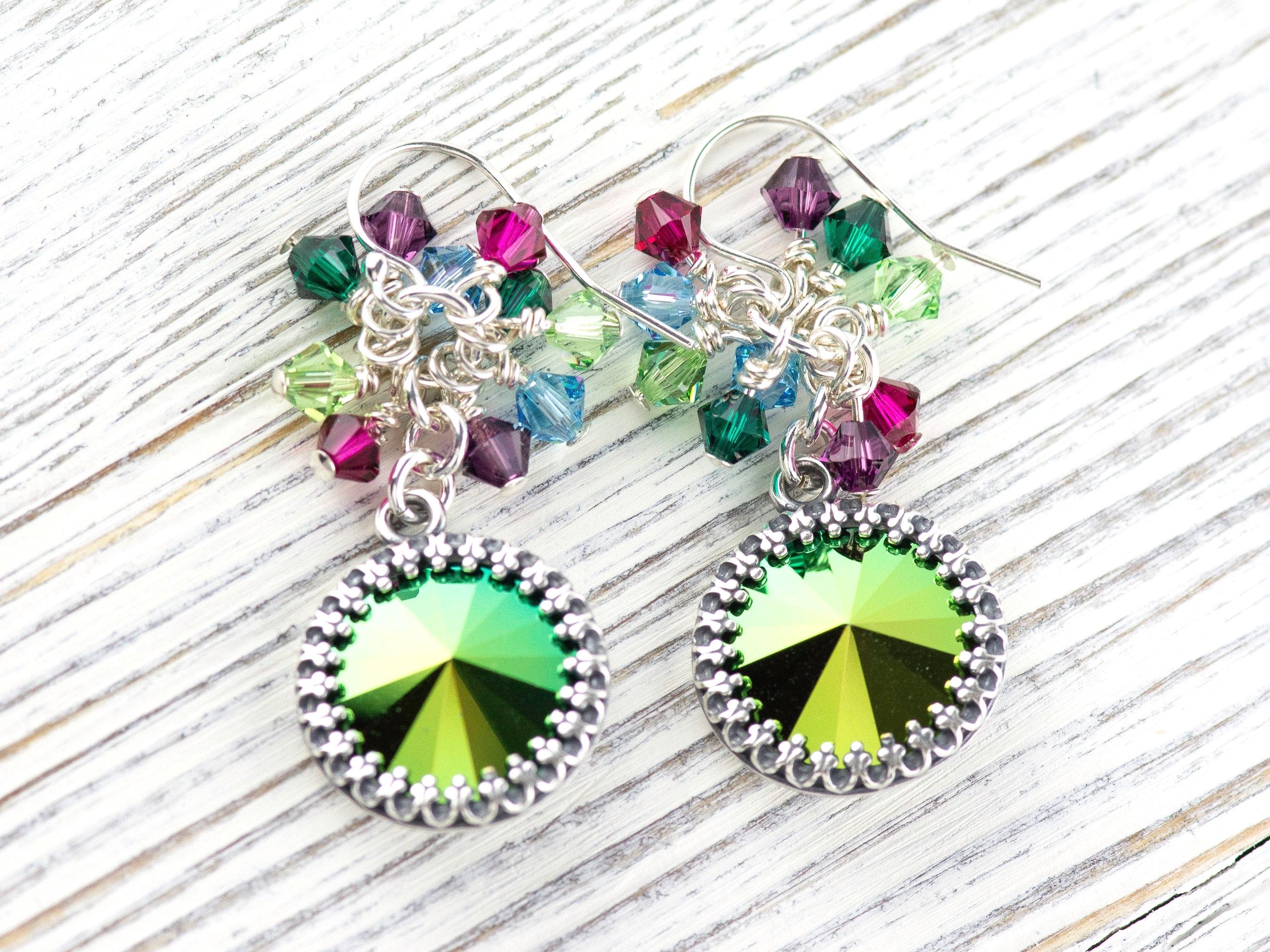 Merry and Bright Christmas Earrings, Handmade Sterling Silver Earrings, Swarovski Crystal, Colorful