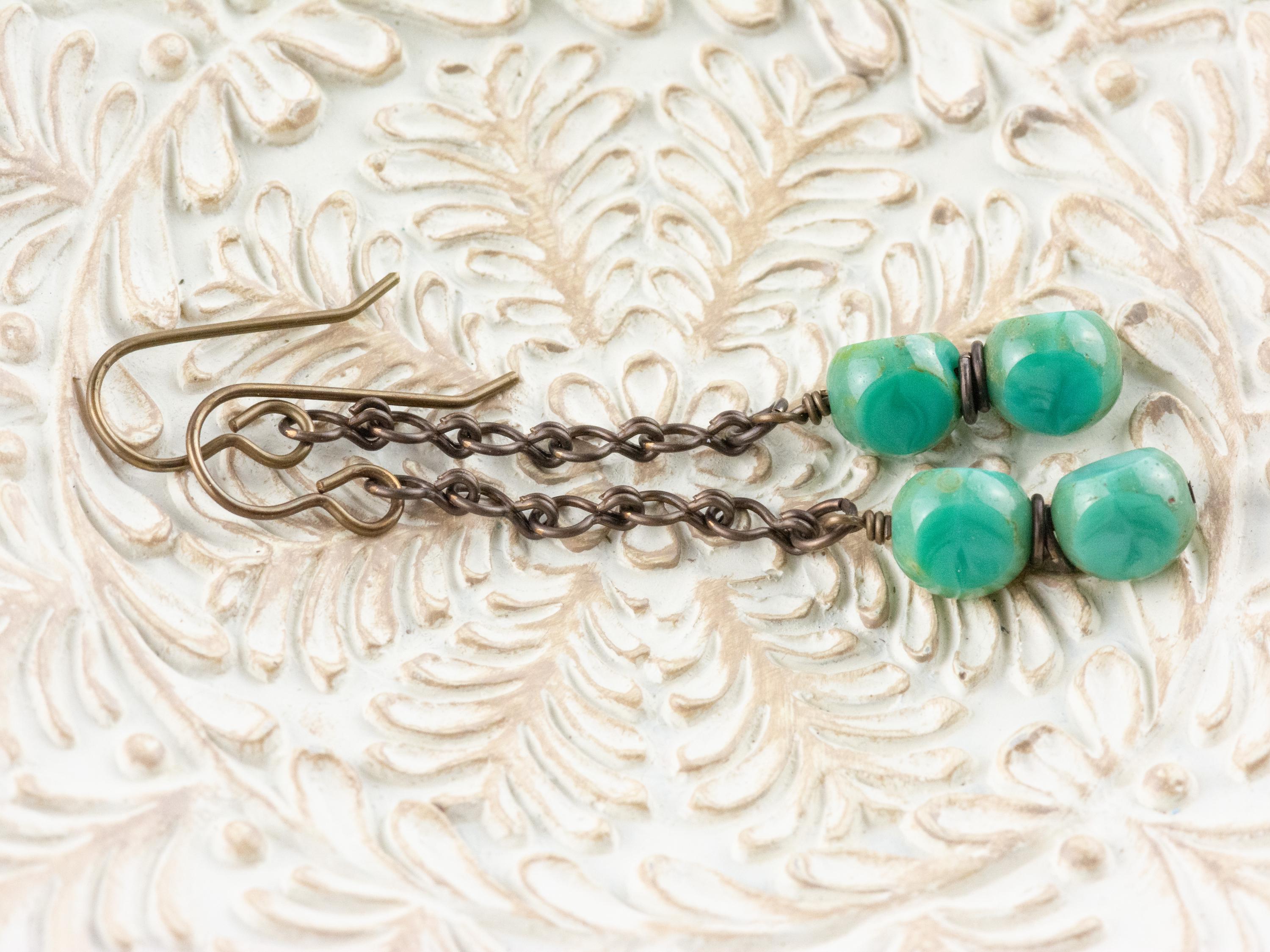 Aqua Blue Glass & Brass Earrings • Earthy Boho Jewelry • Nature-Inspired Handmade Earrings • Jewelry Gift • Nickel-free • Lead-free