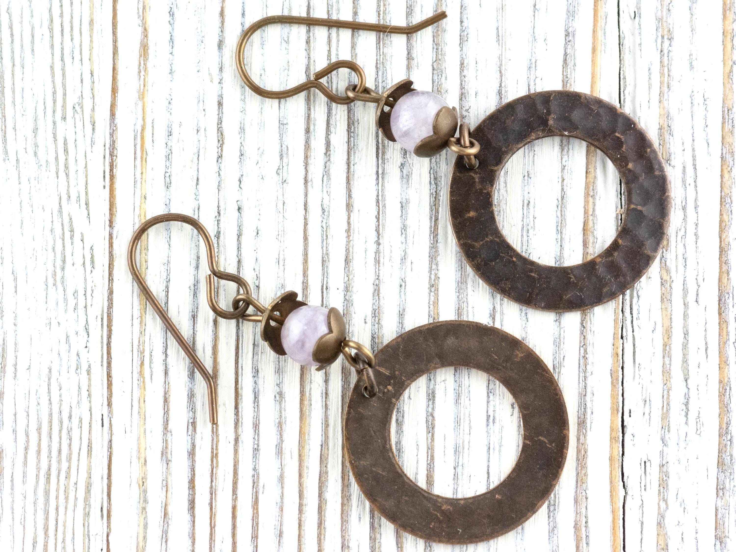 Cape Amethyst Brass Hoop Earrings • Earthy Purple Boho Jewelry • Nature-Inspired Handmade Earrings • Jewelry Gift • Nickel-free • Lead-free