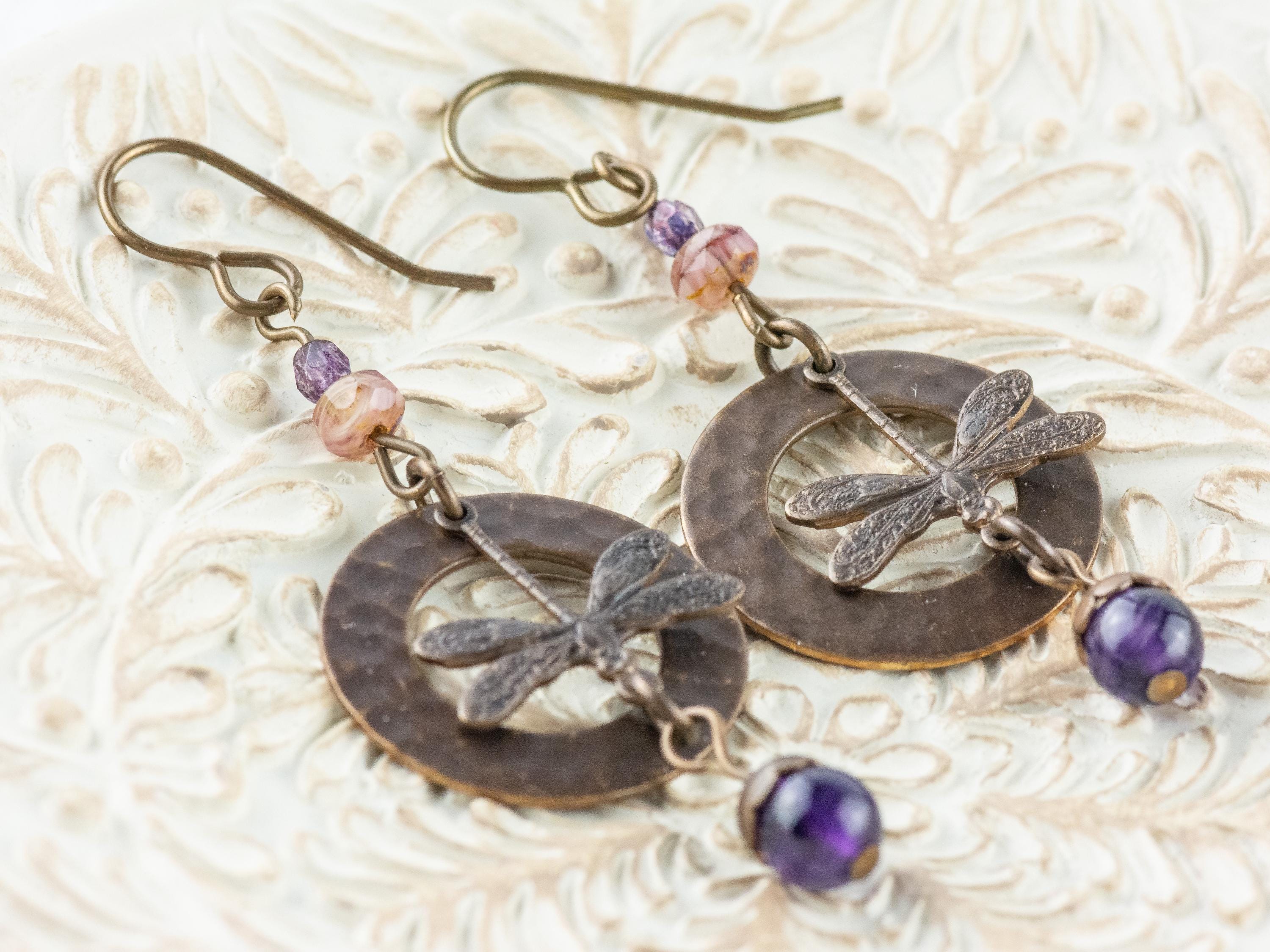 Dragonfly Amethyst Brass Earrings • Earthy Purple Boho Jewelry • Nature-Inspired Handmade Earrings • Jewelry Gift • Nickel-free • Lead-free