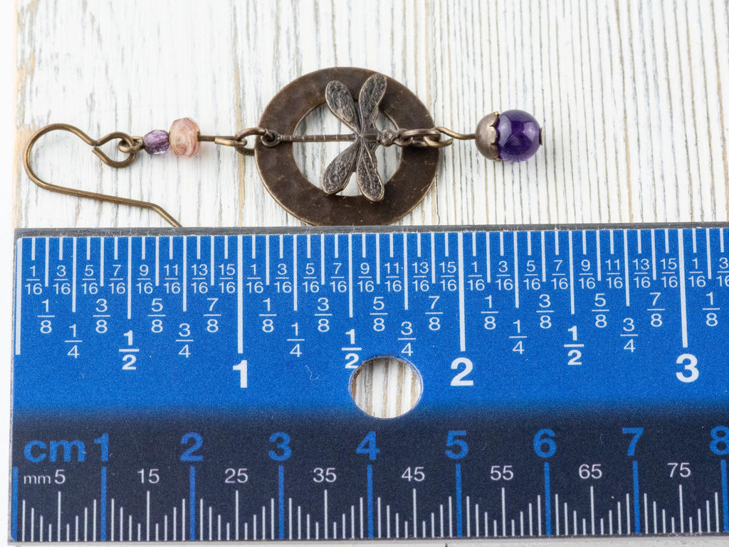 Dragonfly Amethyst Brass Earrings • Earthy Purple Boho Jewelry • Nature-Inspired Handmade Earrings • Jewelry Gift • Nickel-free • Lead-free