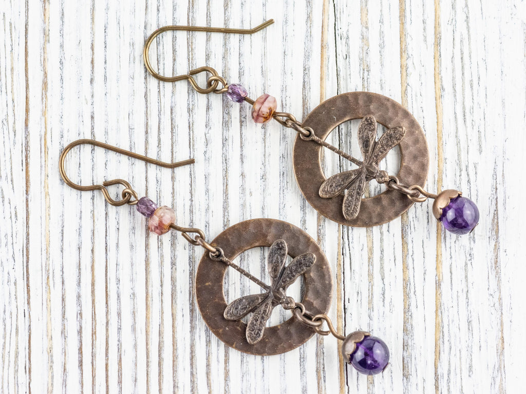 Dragonfly Amethyst Brass Earrings • Earthy Purple Boho Jewelry • Nature-Inspired Handmade Earrings • Jewelry Gift • Nickel-free • Lead-free