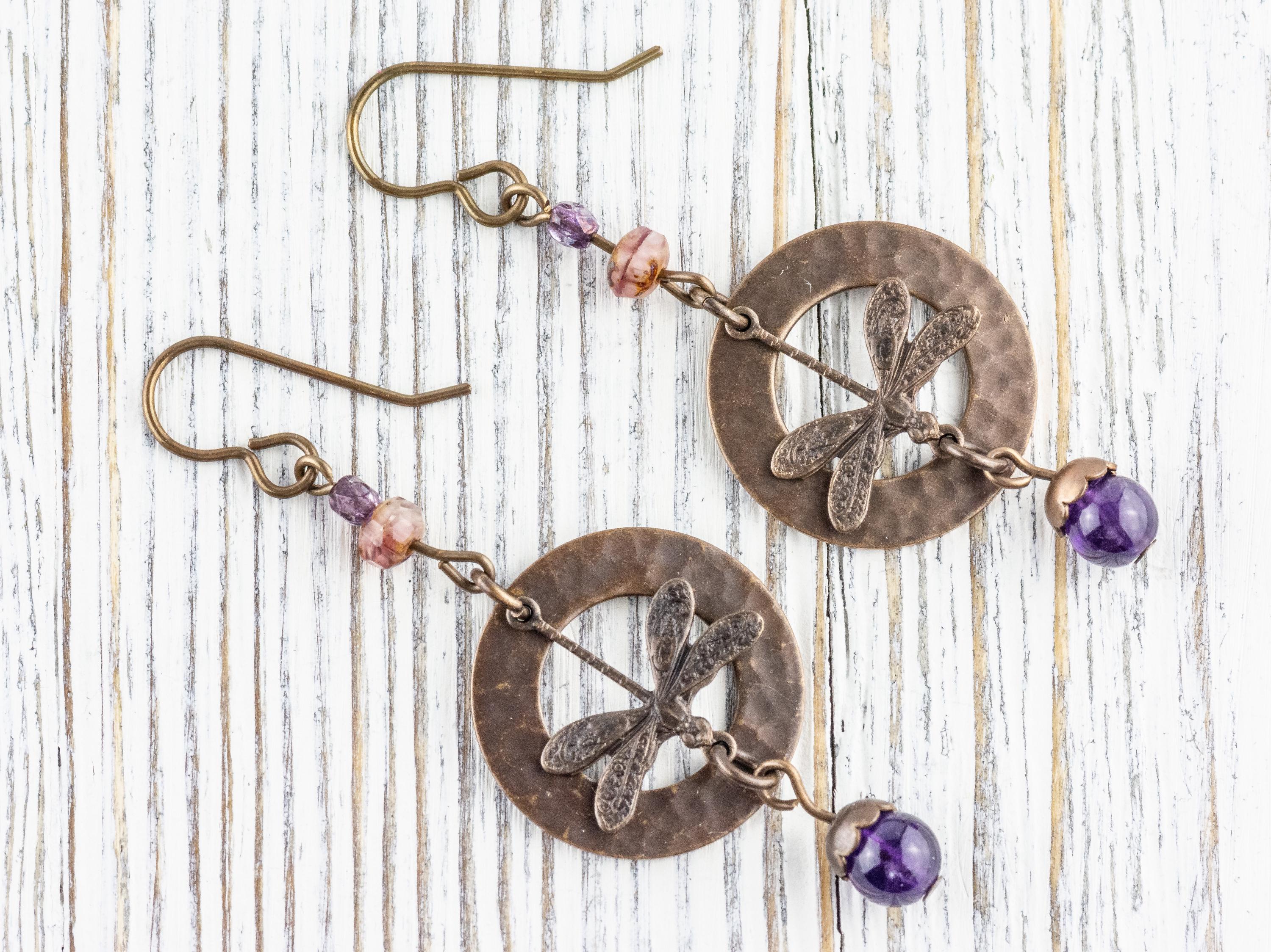 Dragonfly Amethyst Brass Earrings • Earthy Purple Boho Jewelry • Nature-Inspired Handmade Earrings • Jewelry Gift • Nickel-free • Lead-free