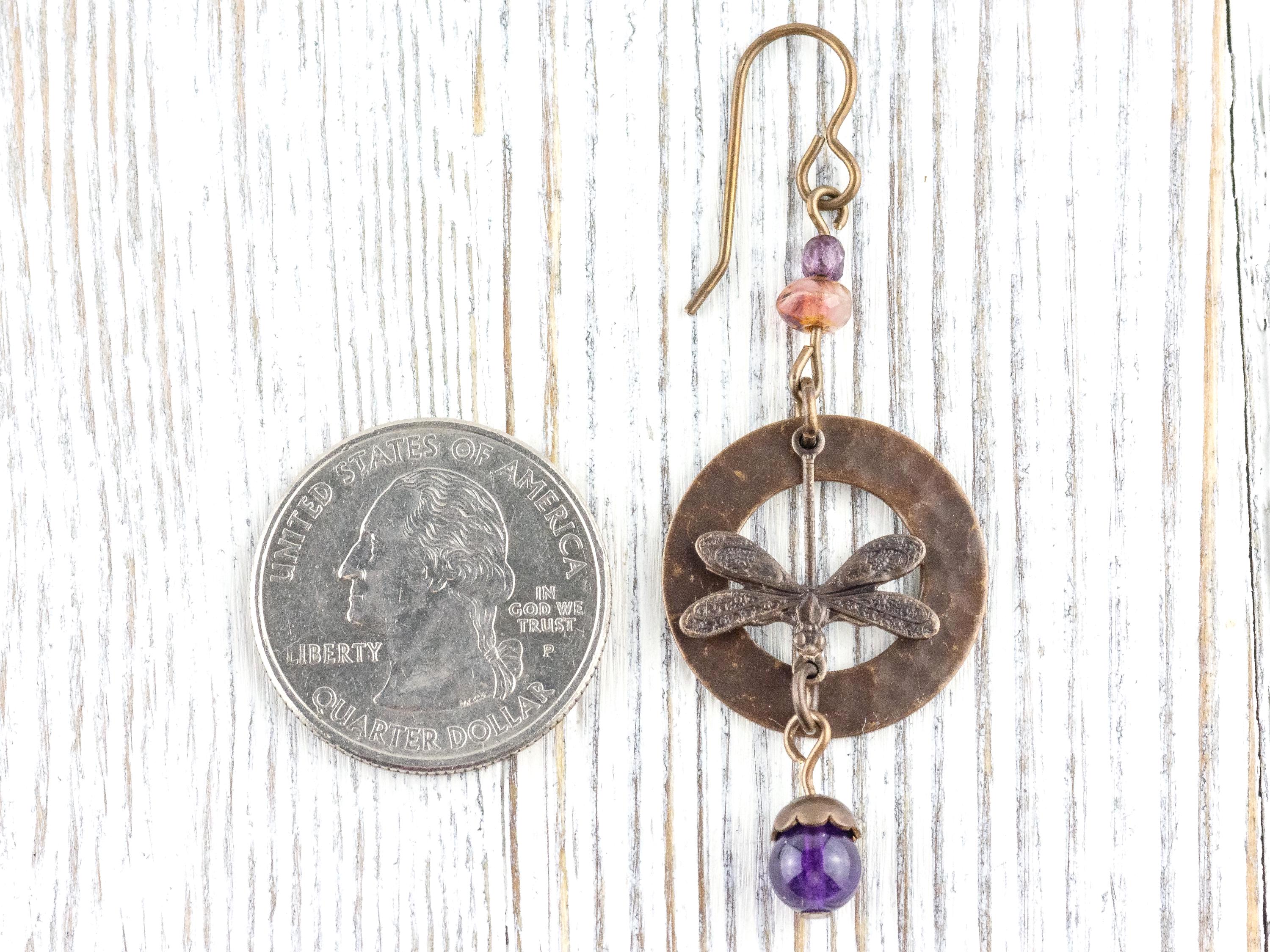Dragonfly Amethyst Brass Earrings • Earthy Purple Boho Jewelry • Nature-Inspired Handmade Earrings • Jewelry Gift • Nickel-free • Lead-free