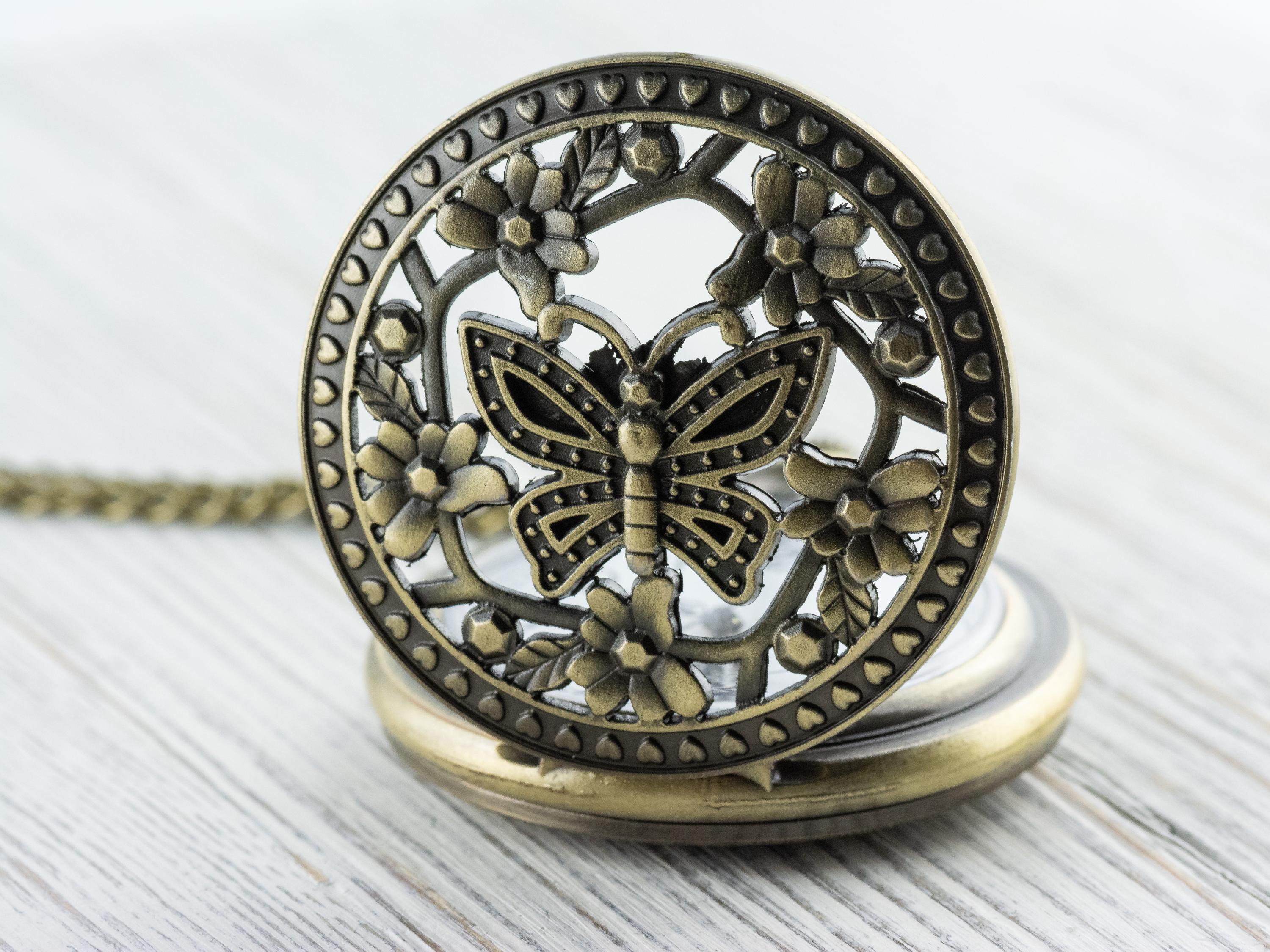 Butterfly Bronze Pocket Watch Long Necklace / Unique Watches / Nature Inspired Jewelry / Large Pocket Watch