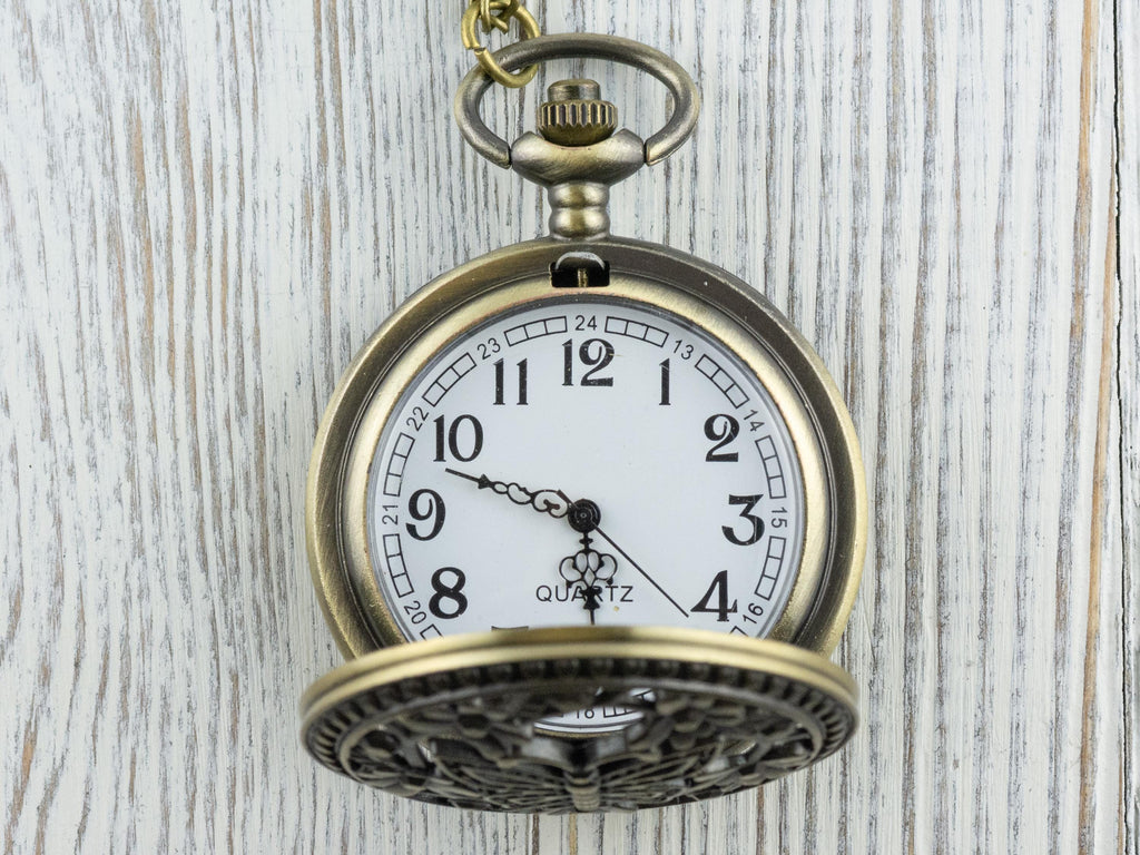 Butterfly Bronze Pocket Watch Long Necklace / Unique Watches / Nature Inspired Jewelry / Large Pocket Watch