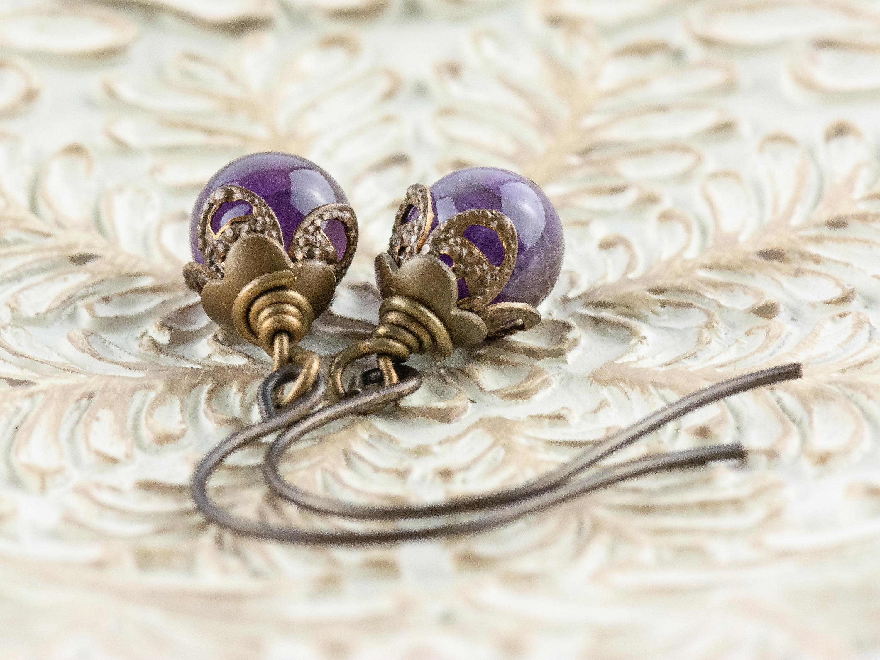 Amethyst Gemstone Brass Petal Earrings • Earthy Purple Boho Jewelry • Handmade Dangly Earrings • Jewelry Gift Idea • Nickel-free • Lead-free