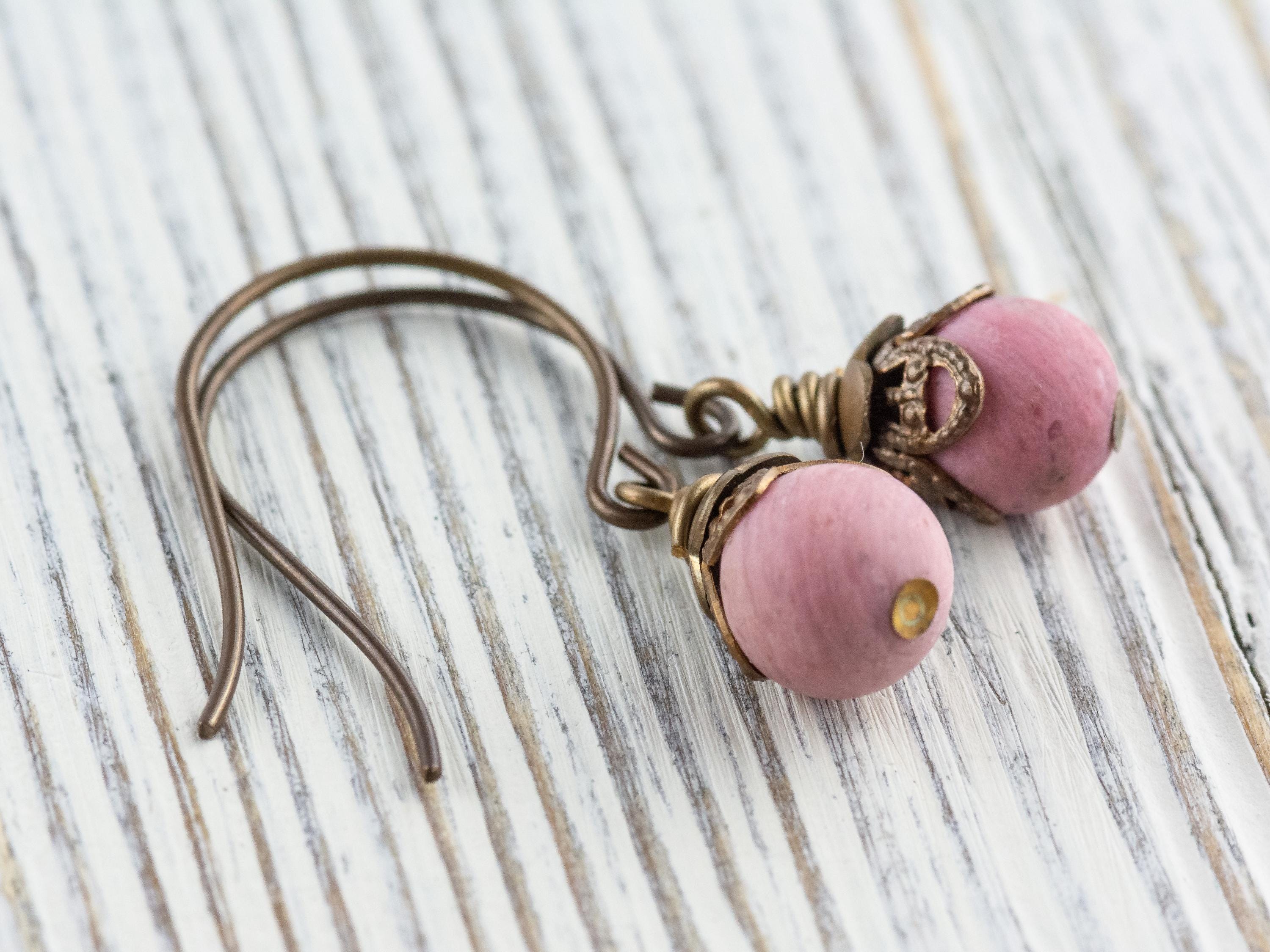 Matte Rhodonite Gemstone Brass Petal Earrings • Earthy Pink Boho Jewelry • Handmade Dangly Earrings • Jewelry Gift • Nickel-free • Lead-free